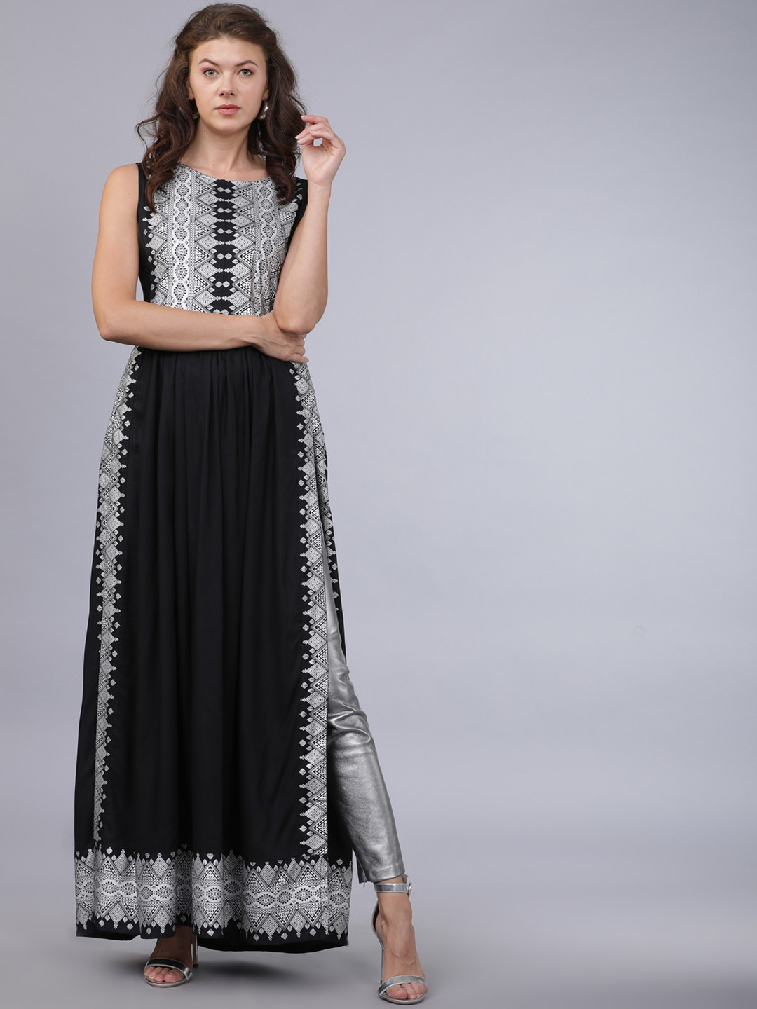 Folklore Women Black & White Printed A-Line Kurta