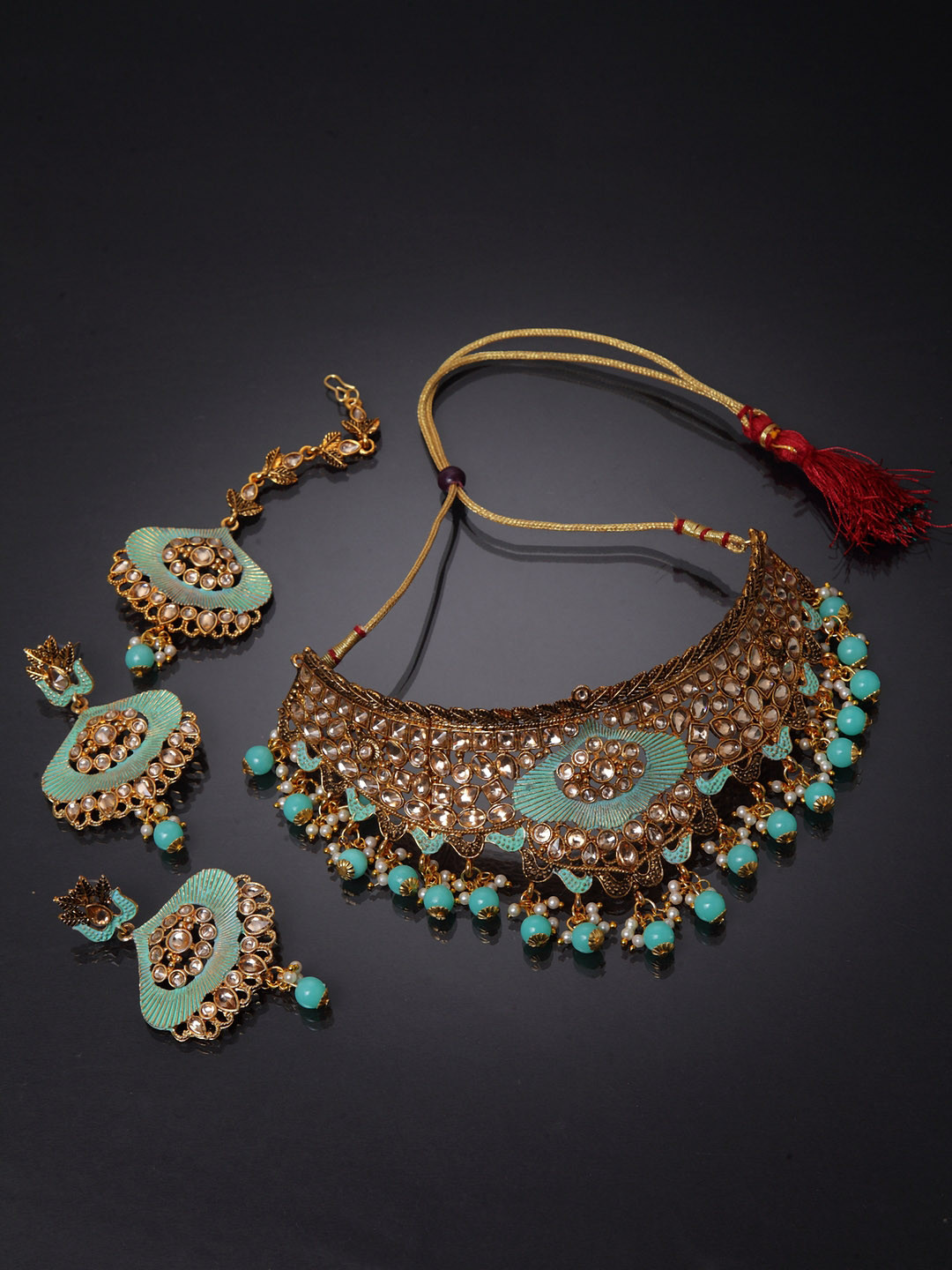 ANIKAS CREATION Gold-Plated Beige & Sea Green Kundan-Studded Enamelled Bridal Look Choker Jewellery Set