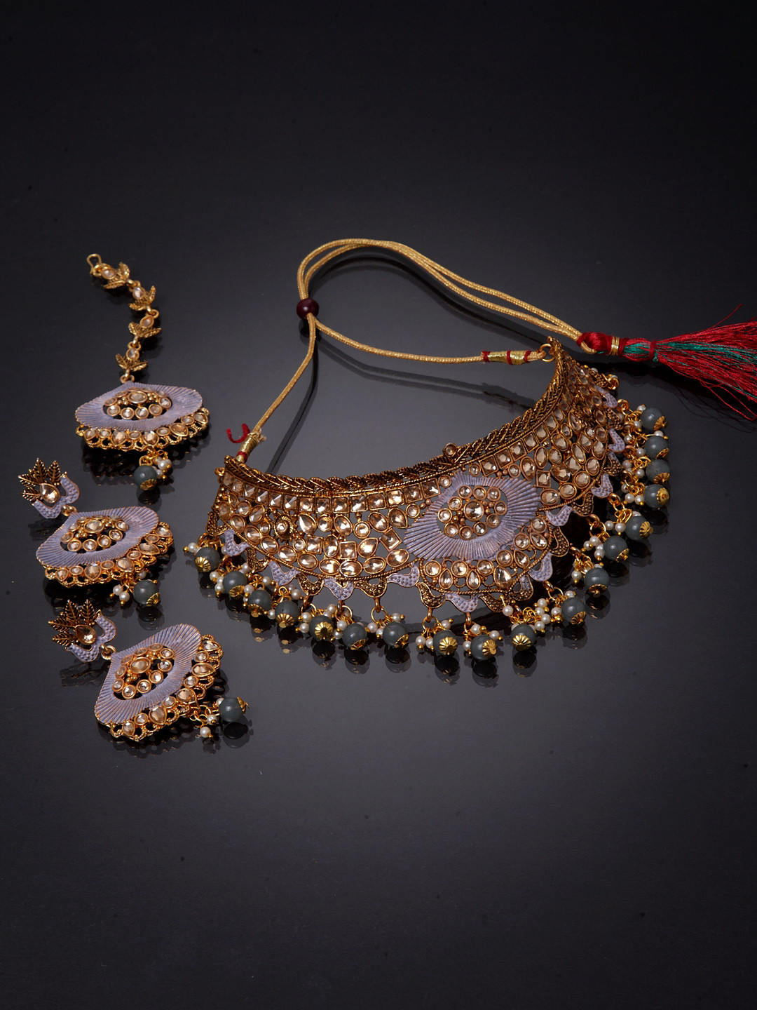 ANIKAS CREATION Gold-Plated Beige & Grey Kundan-Studded Enamelled Bridal Look Choker Jewellery Set
