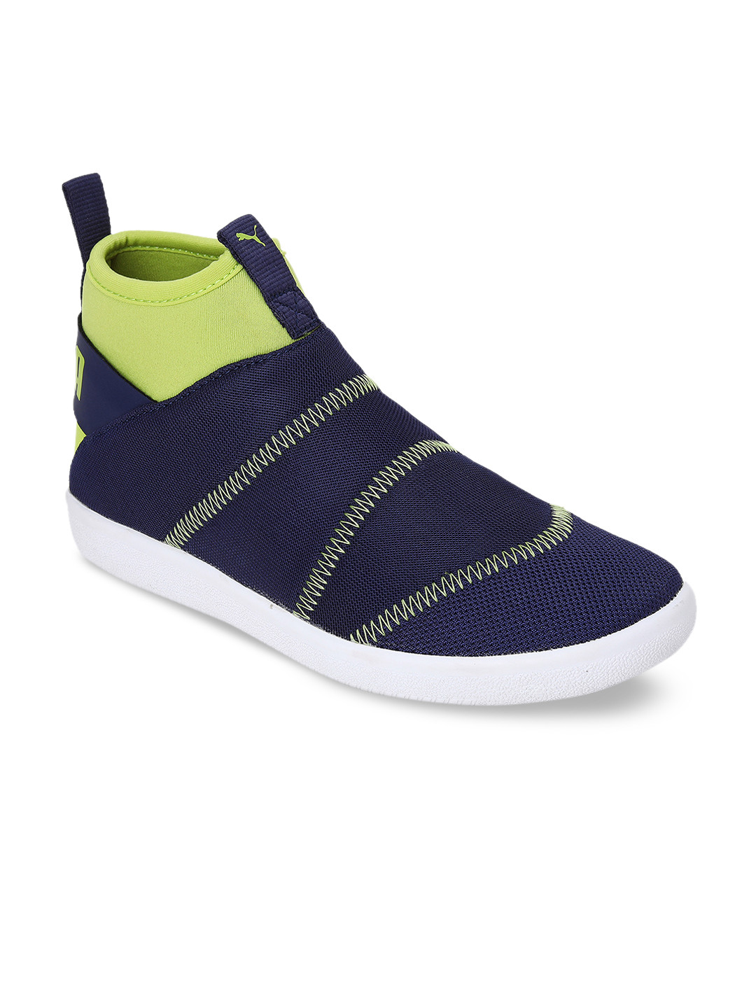 Puma Kids Blue & Fluorescent Green Colorblocked Lazy Knit Mid JR Slip-On Sneakers