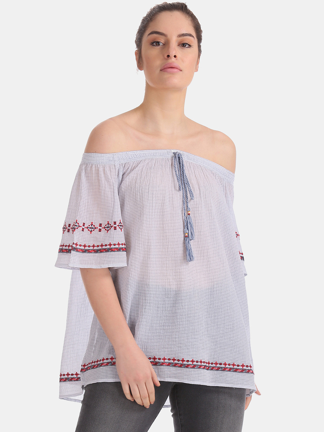 U.S. Polo Assn. Women Blue Striped Cotton Blend Bardot Top