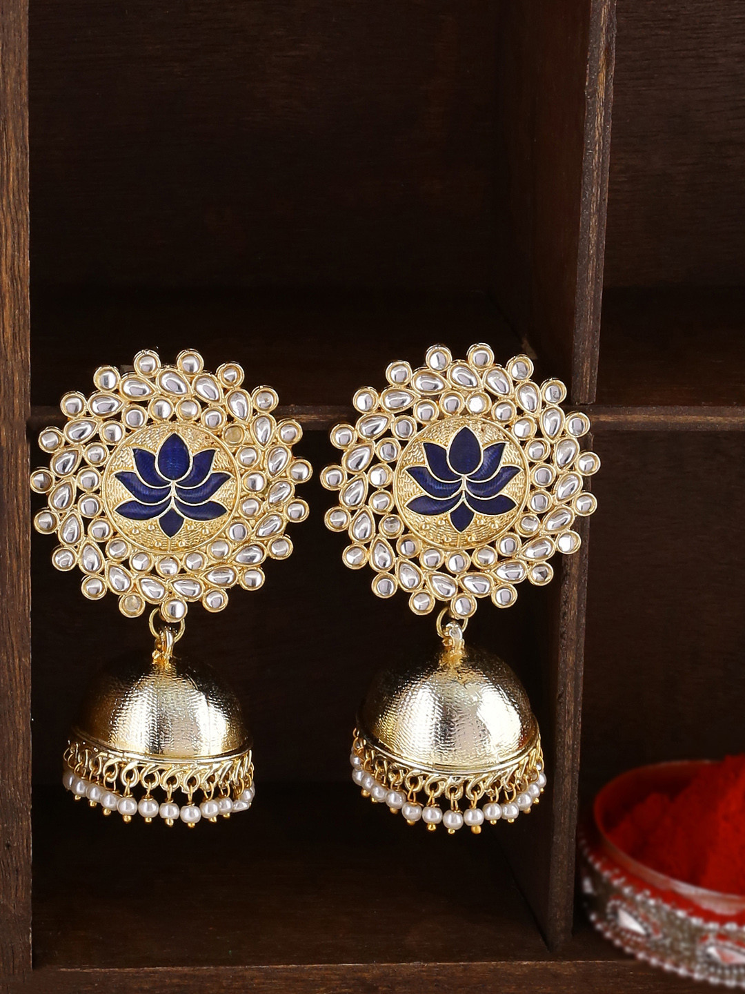 Shoshaa Gold-Plated Navy Blue kundan-Studded Classic Jhumkas