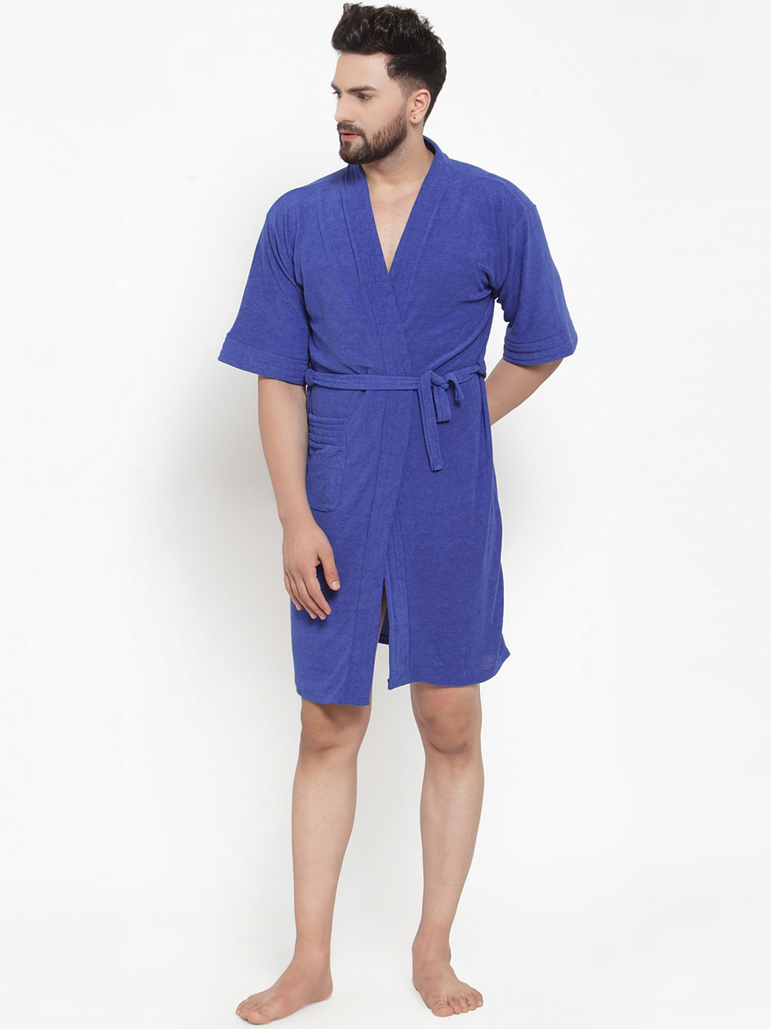 ELEVANTO Blue Solid Terrycloth Drawstring Knee Length Bath Robe