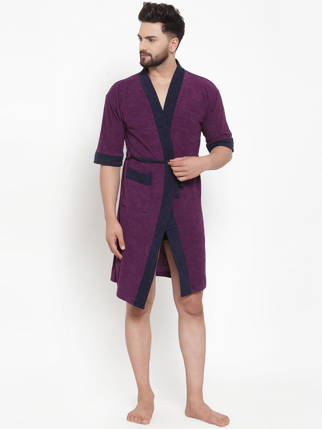 ELEVANTO Purple Solid Terrycloth Drawstring Knee Length Bath Robe