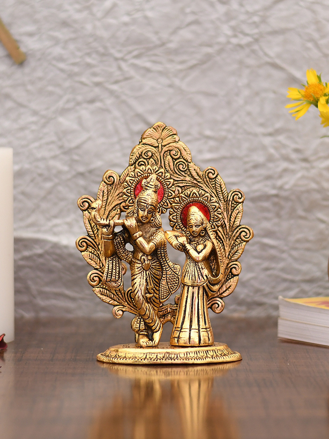 CraftVatika Radha Krishan Gold Metal Metallic Prayer Room Small Showpiece - 7 Inches