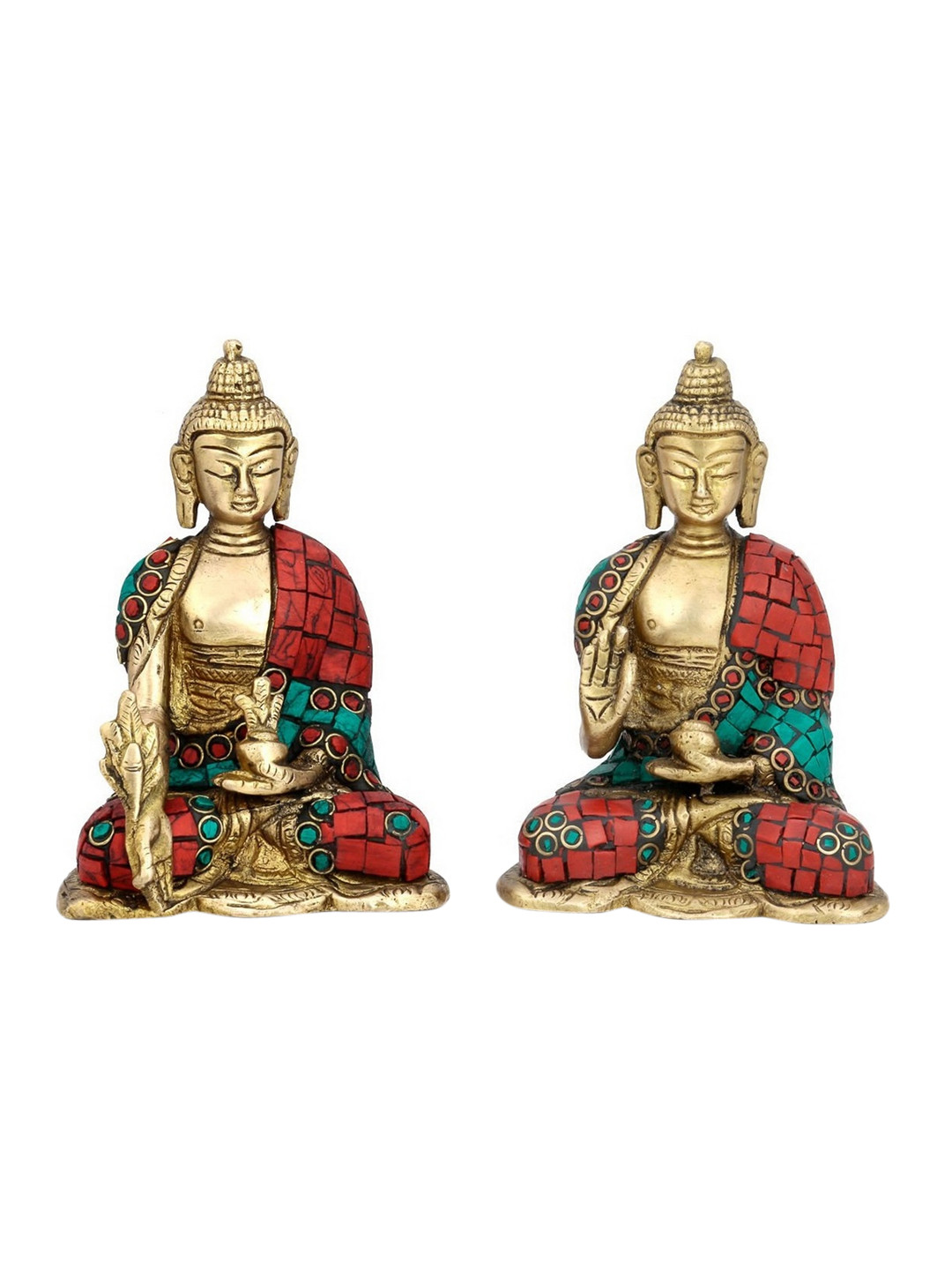 CraftVatika Buddhism Medicine Blessing Gold Brass Metallic Prayer Room Set of 2 Small Showpieces - 5 Inches
