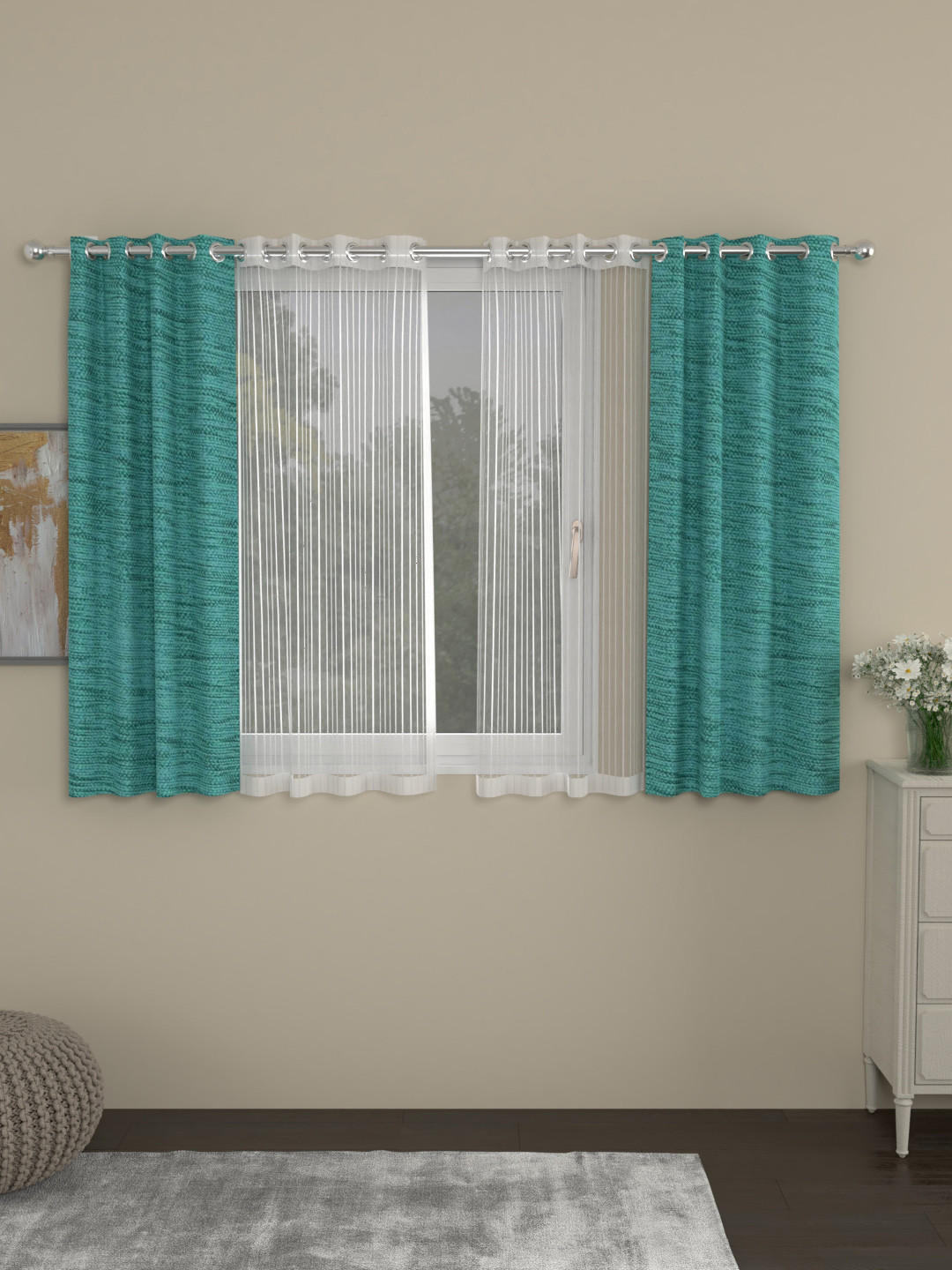 ROSARA HOME Turquoise Blue & White Set of 4 Window Curtains