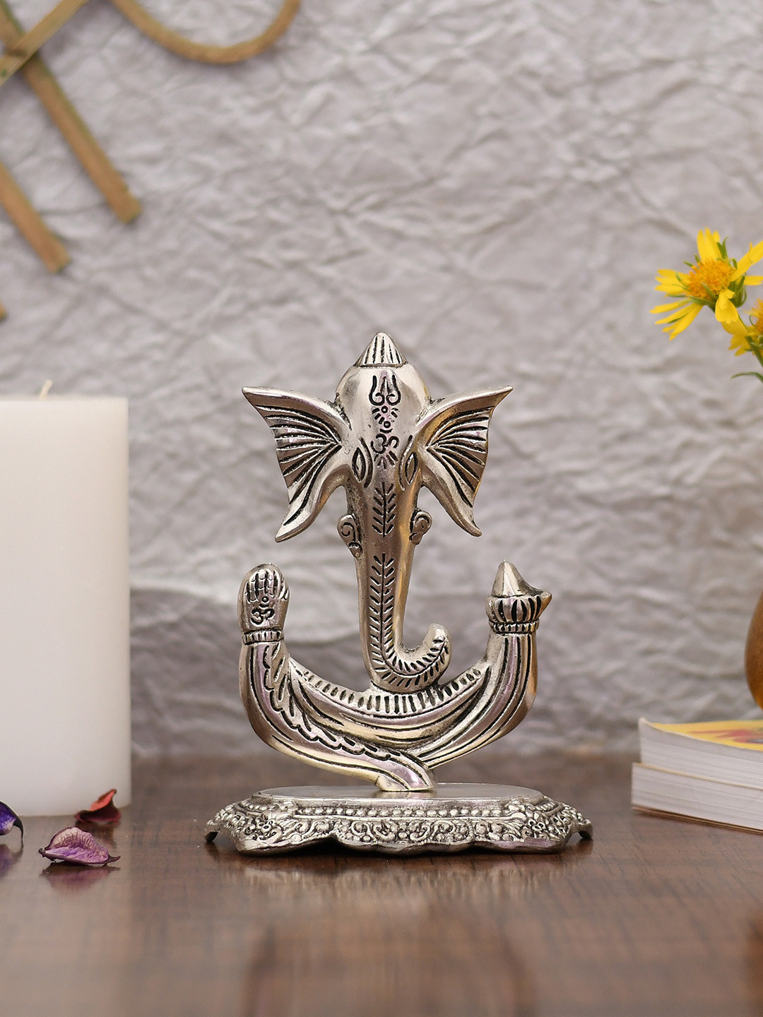 CraftVatika Lord Ganesha Silver Metal Metallic Prayer Room Small Showpiece - 7.5 Inches