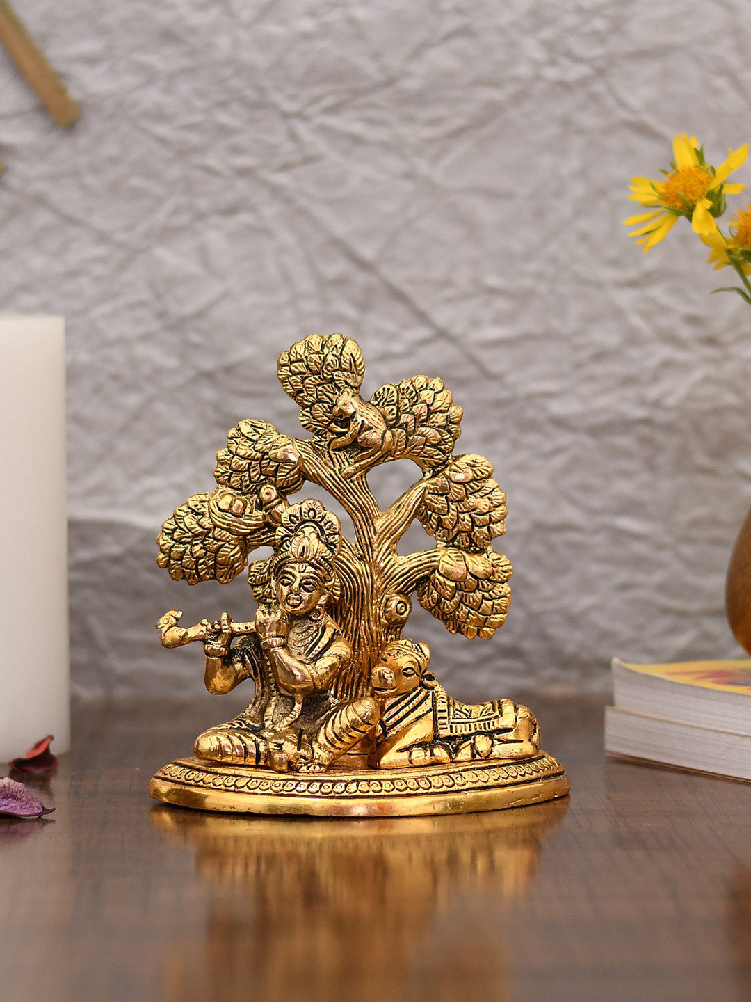 CraftVatika Krishna with Cow Sitting Gold Metal Metallic Prayer Room Small Showpiece - 6 Inches