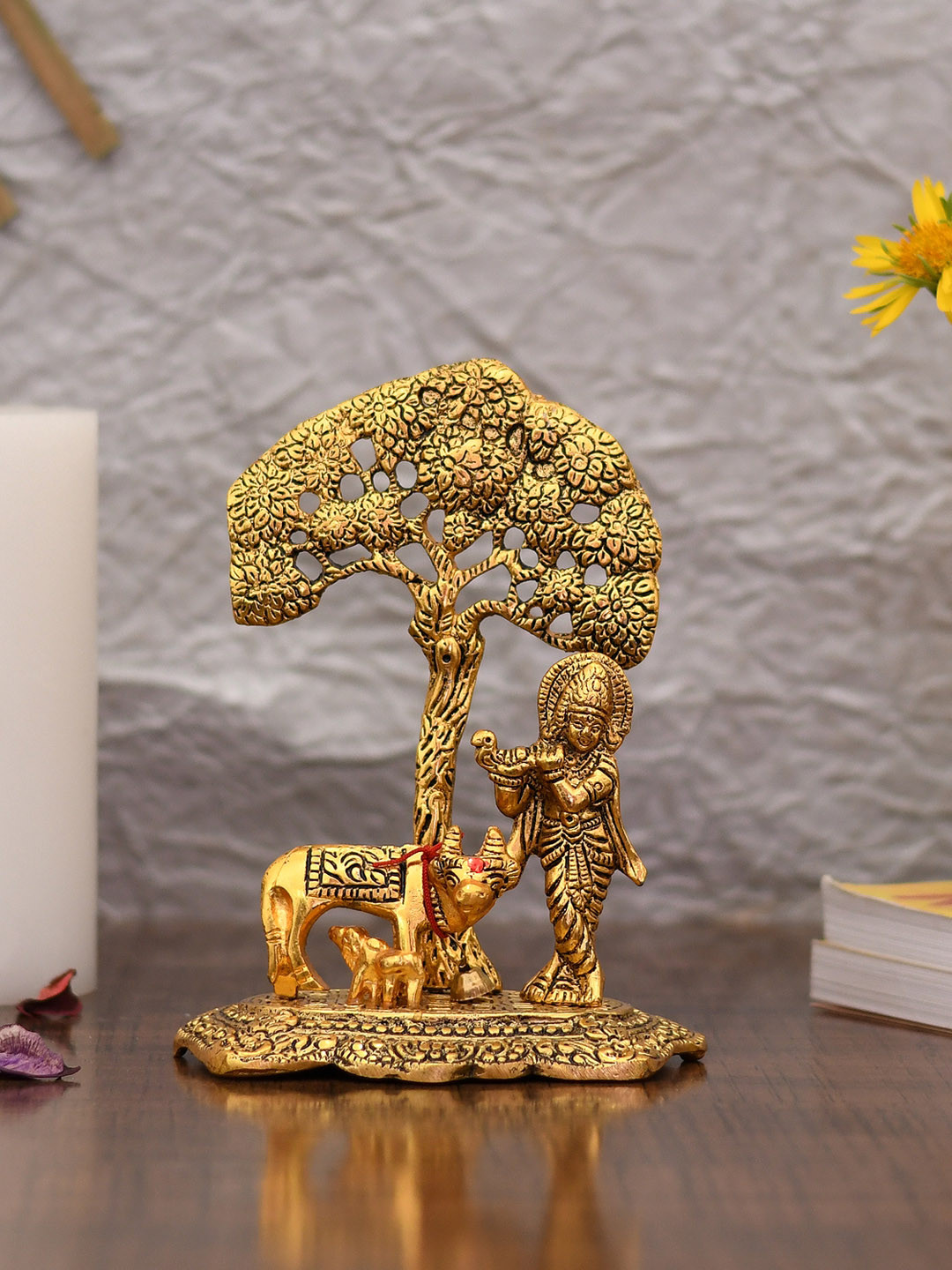 CraftVatika Krishna Playing Flute with Kamdhenu Cow Gold Aluminium Metallic Prayer Room Small Showpiece - 6 Inches