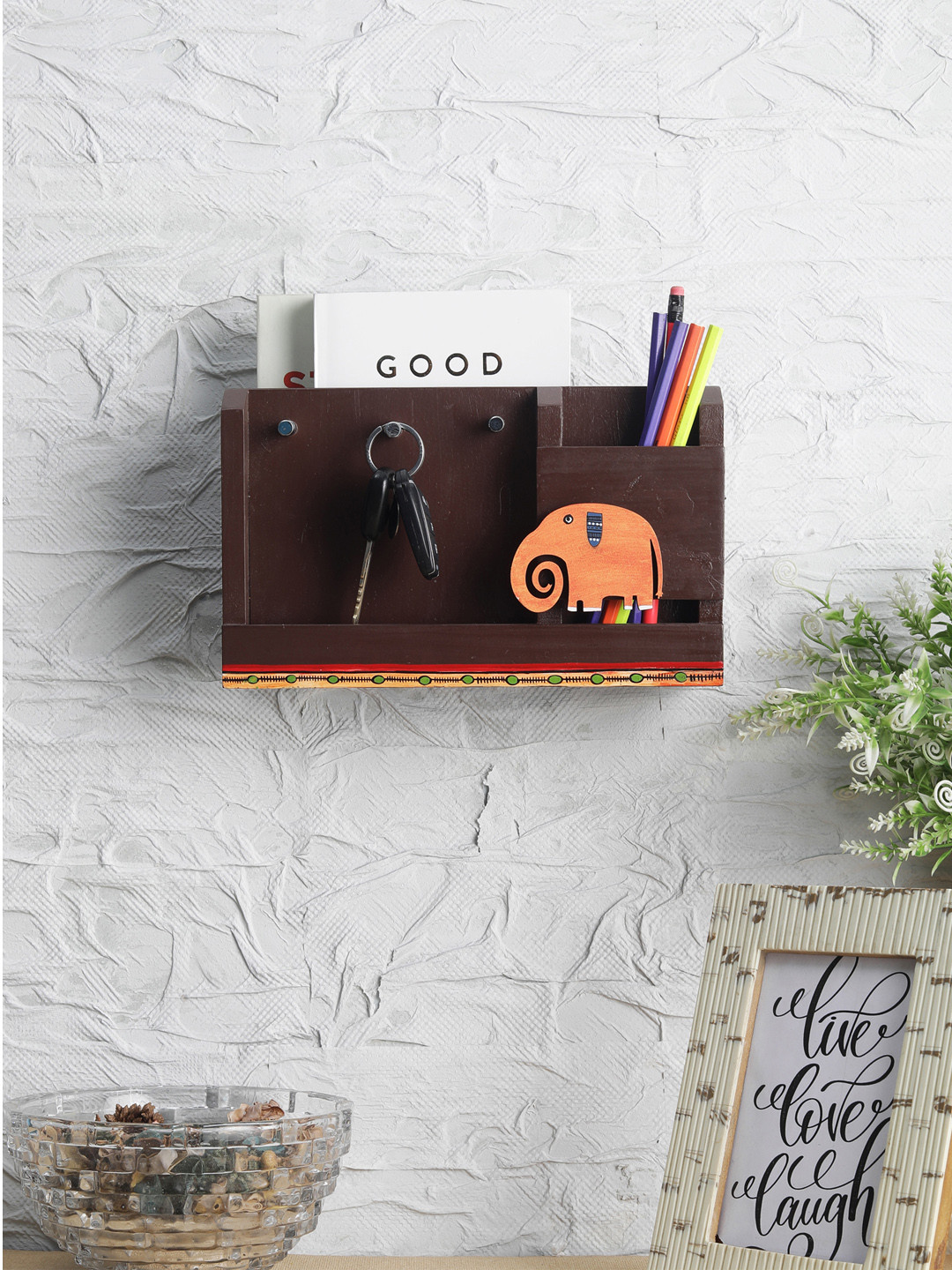 VarEesha Unisex Brown & Orange Handcrafted Wall Mounting Magazine Holder Cum Key Holder