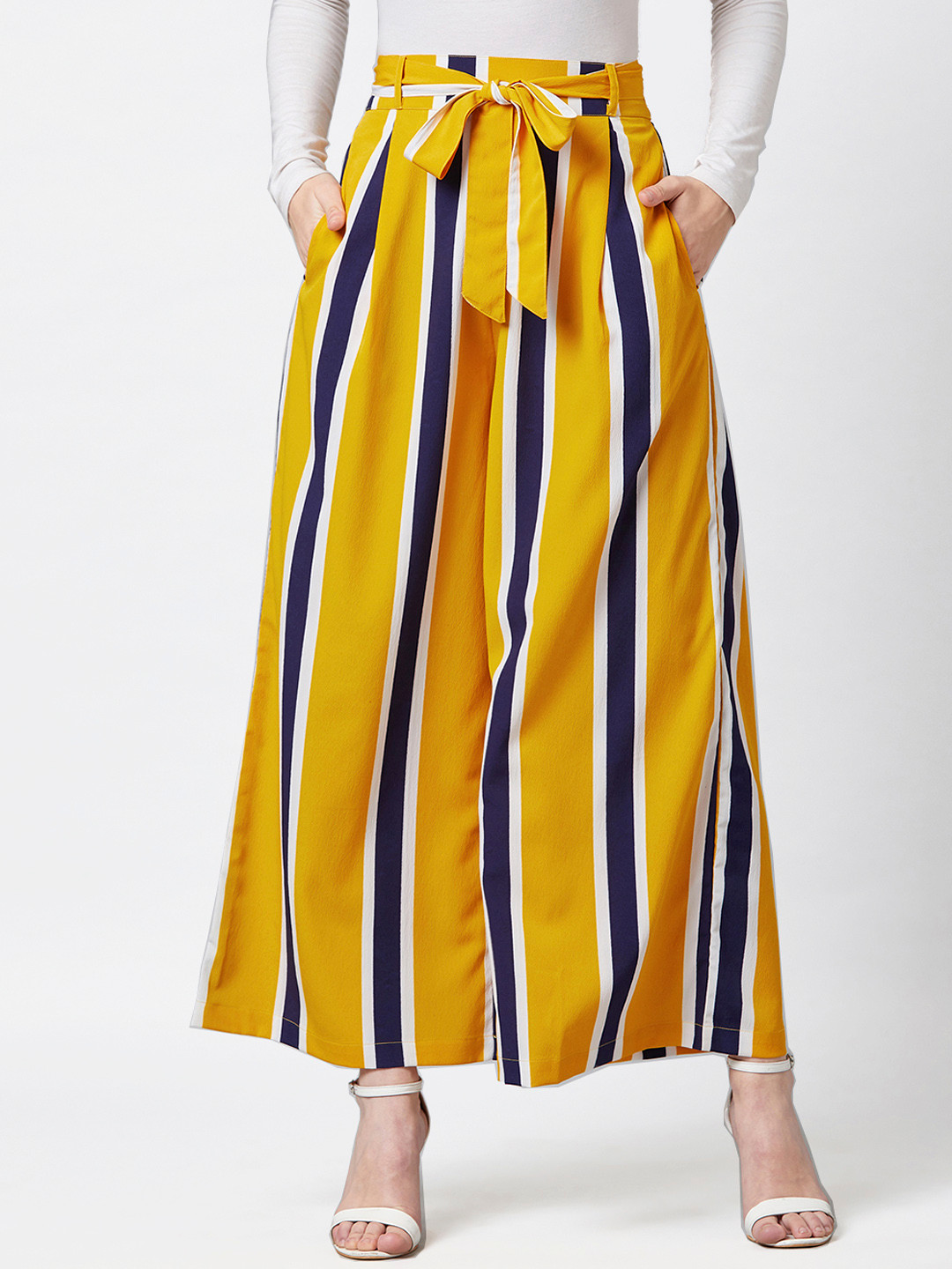 PANIT Women Yellow & Blue Relaxed Loose Fit Striped Culottes
