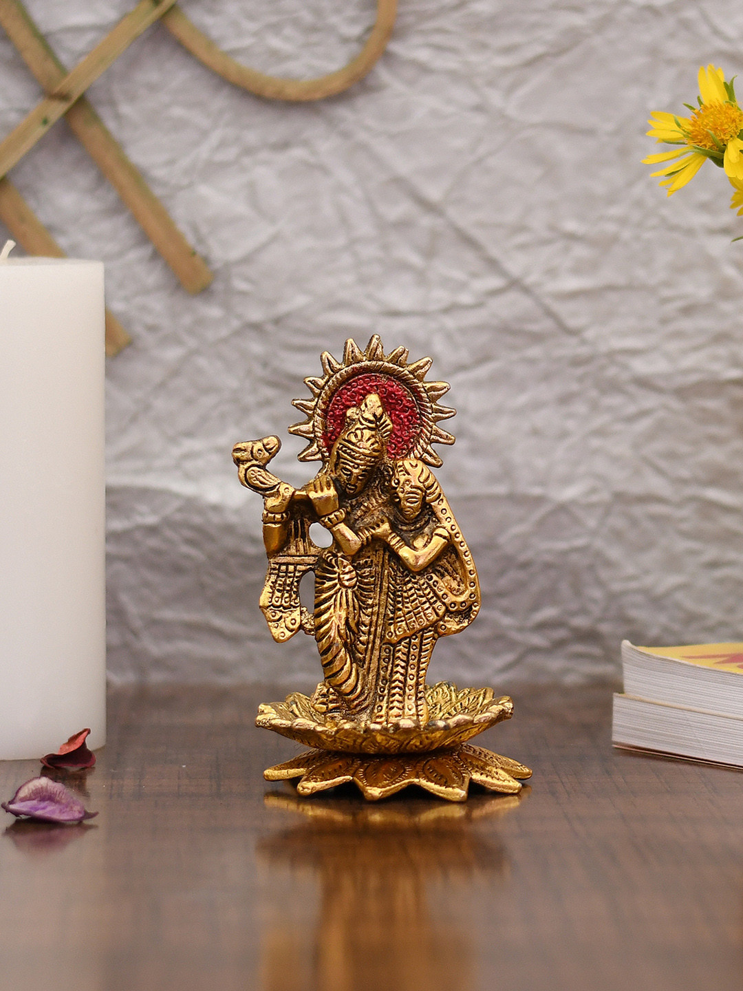 CraftVatika Radha Krishna Gold Metal Metallic Prayer Room Small Showpiece - 5.5 Inches