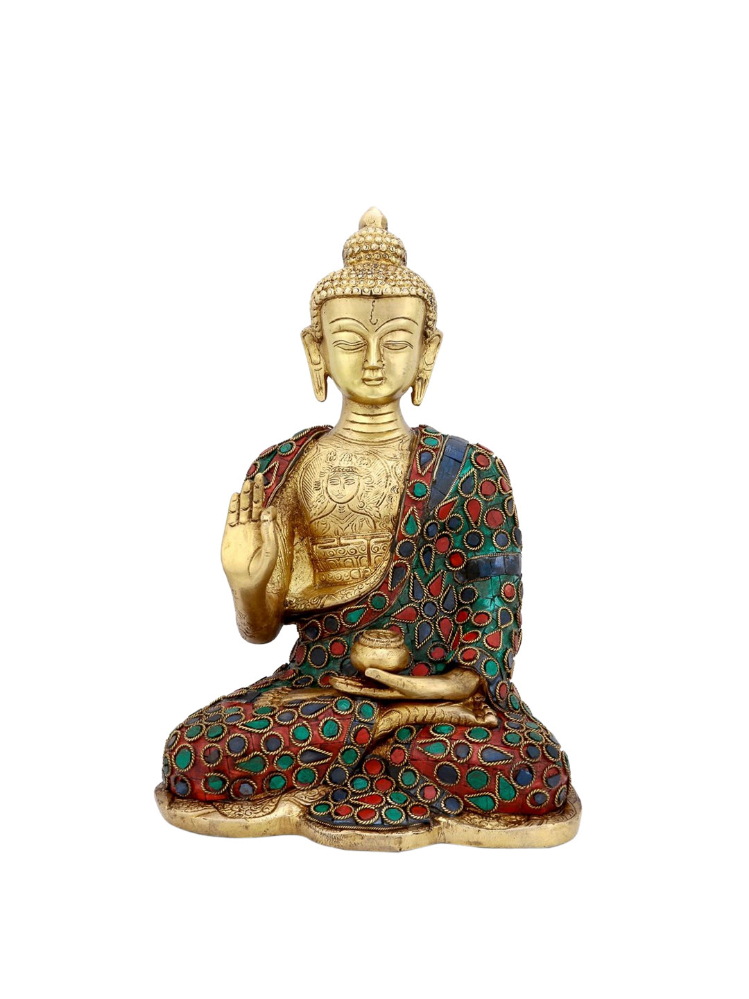 CraftVatika Blessing Buddha Gold Brass Metallic Prayer Room Medium Showpiece - 10.5 Inches