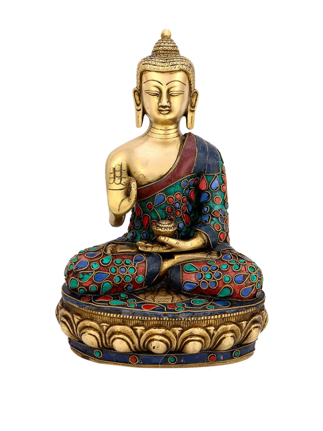 CraftVatika Blessing Buddha Lotus Sitting Gold Brass Metallic Living Room Medium Showpiece - 12 Inches