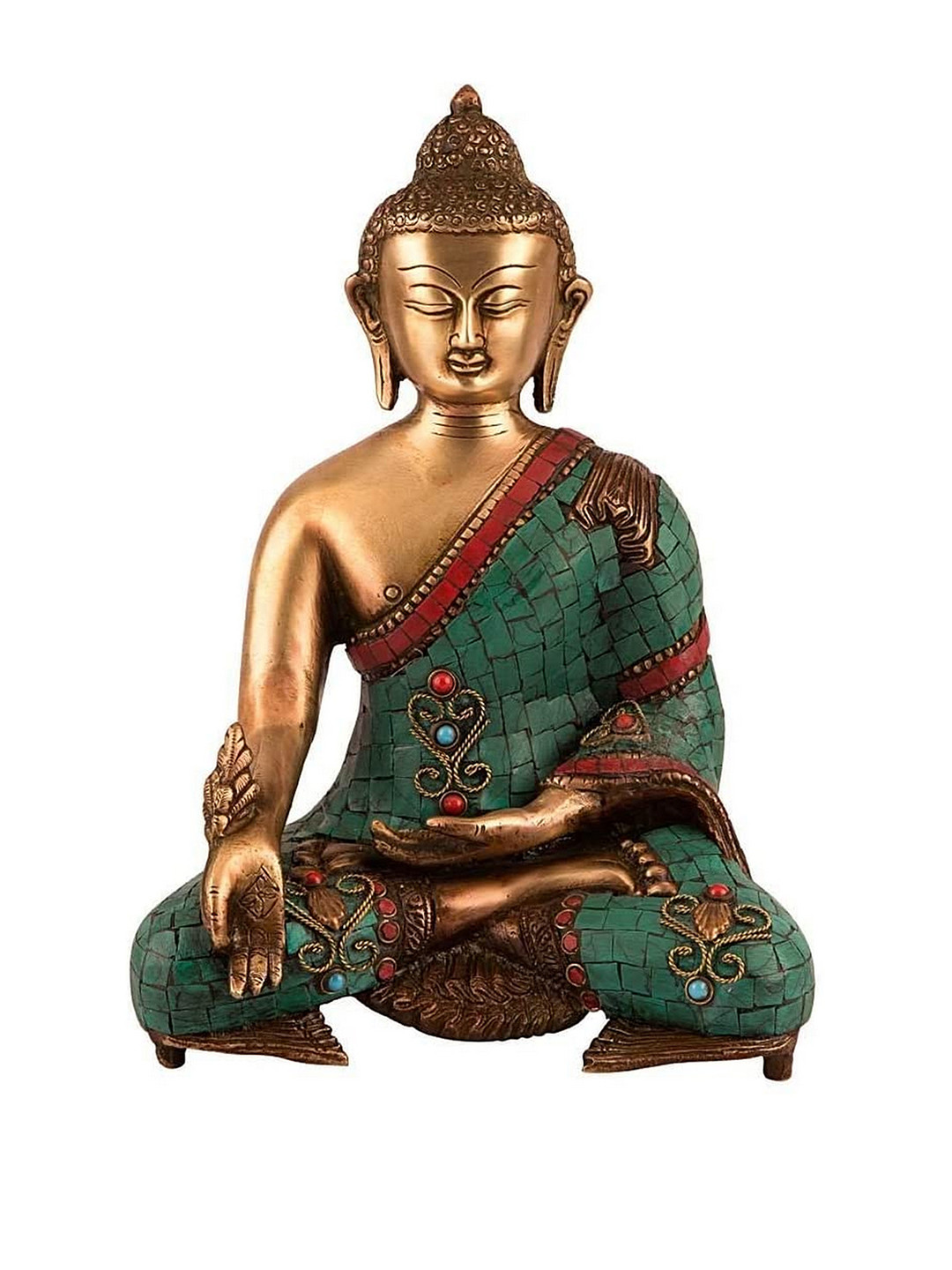 CraftVatika Buddha Gold Brass Metallic Home Office Medium Showpiece - 11 Inches