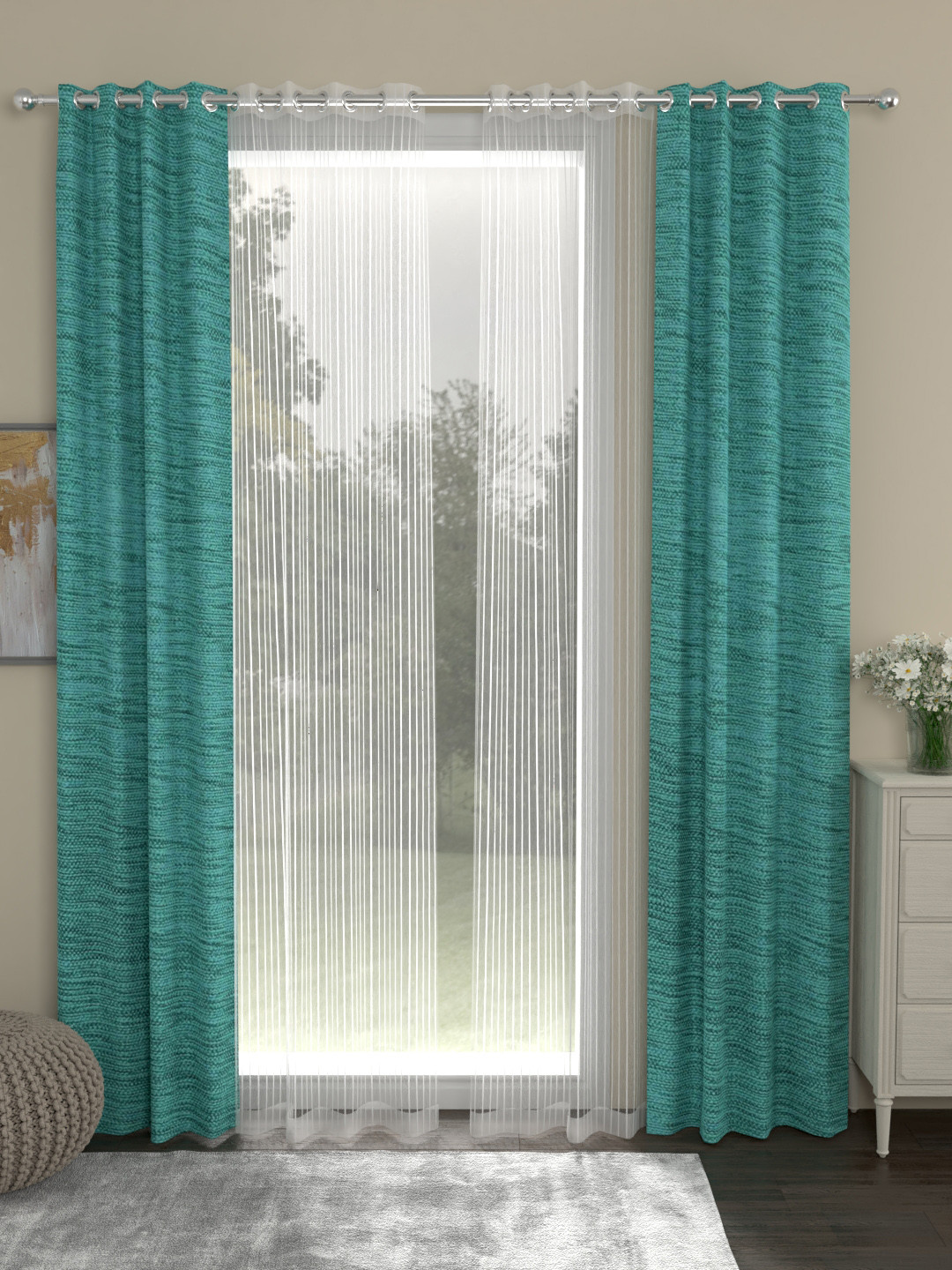 ROSARA HOME Turquoise Blue & White Set of 4 Mateo Door Curtains