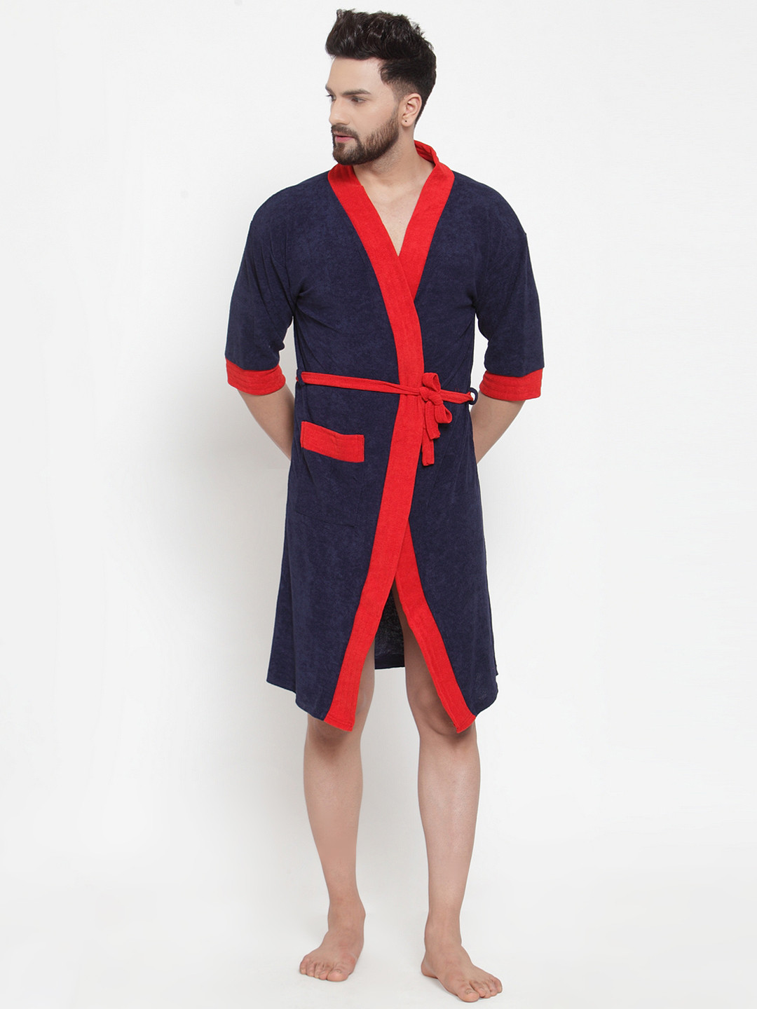 ELEVANTO Navy Blue Solid Terrycloth Drawstring Knee Length Bath Robe
