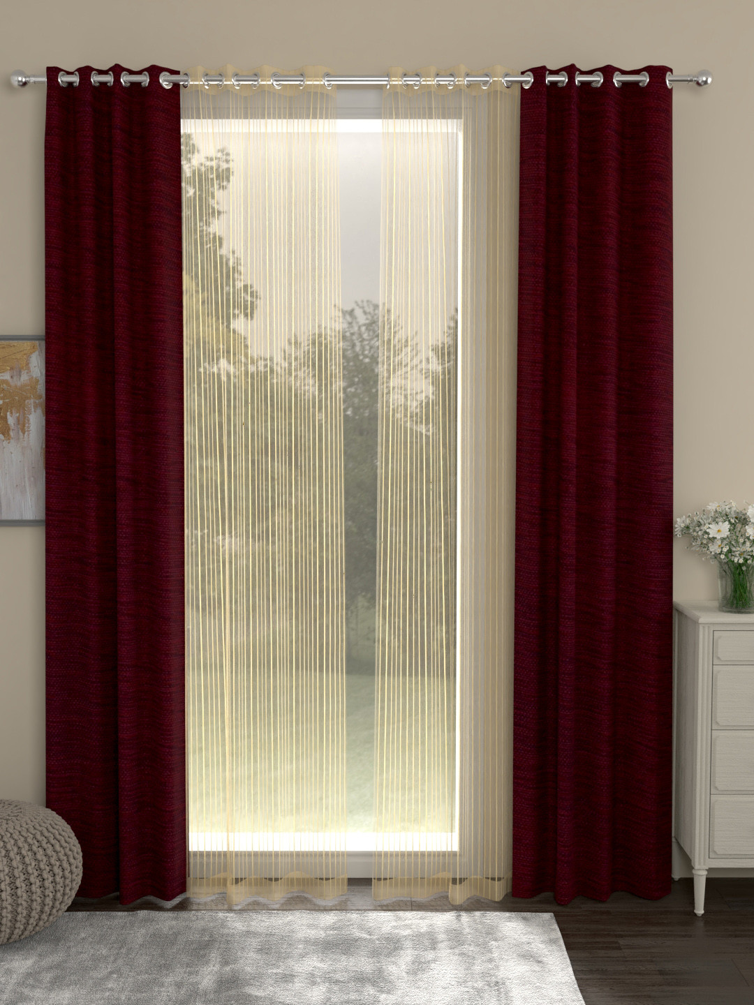 ROSARA HOME Maroon & Gold-Toned Set of 4 Mateo Door Curtains