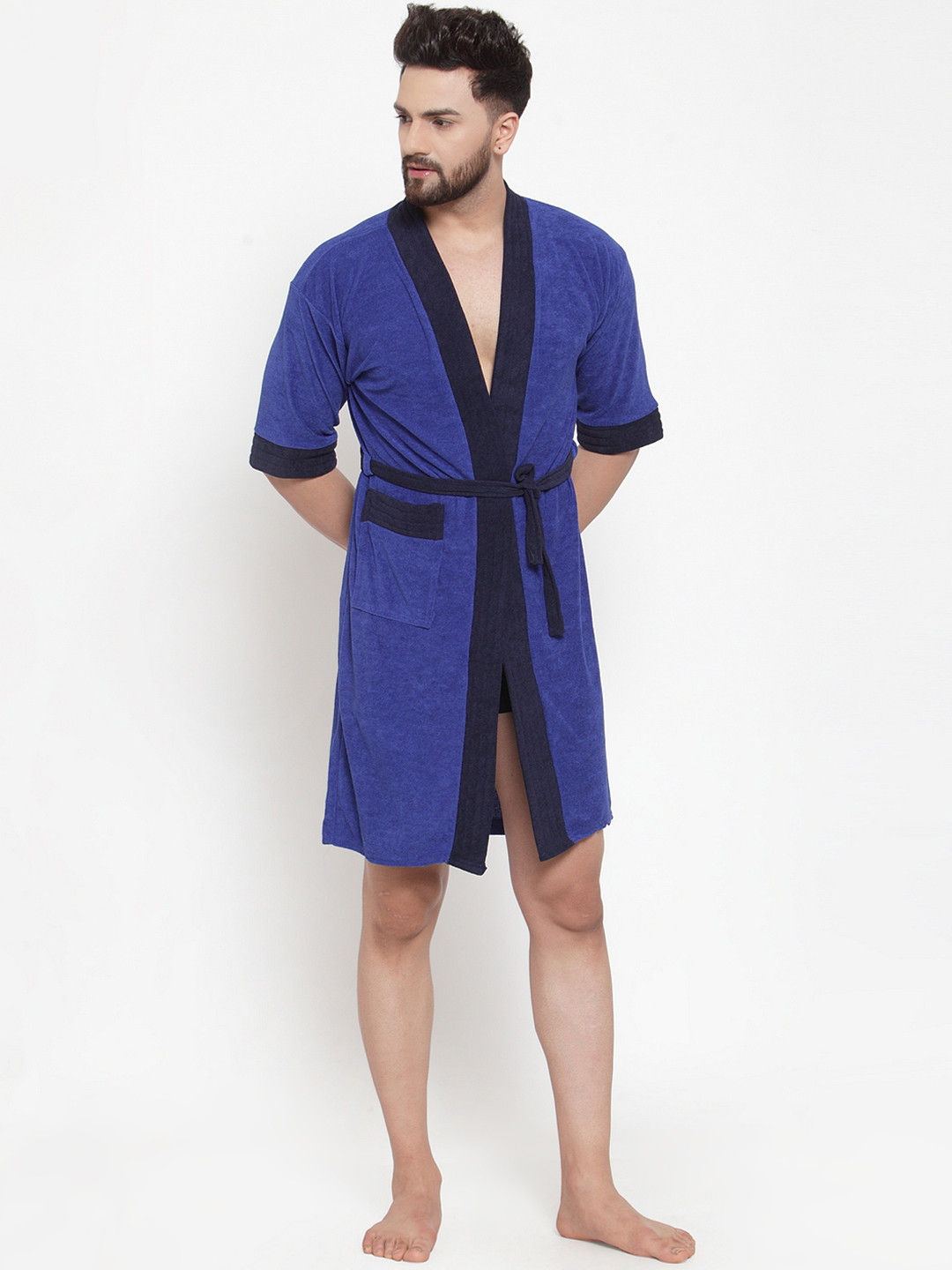ELEVANTO Blue Solid Terrycloth Drawstring Knee Length Bath Robe
