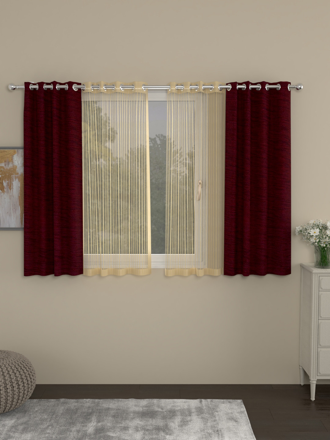 ROSARA HOME Maroon & Gold-Toned Set of 4 Mateo Window Curtains