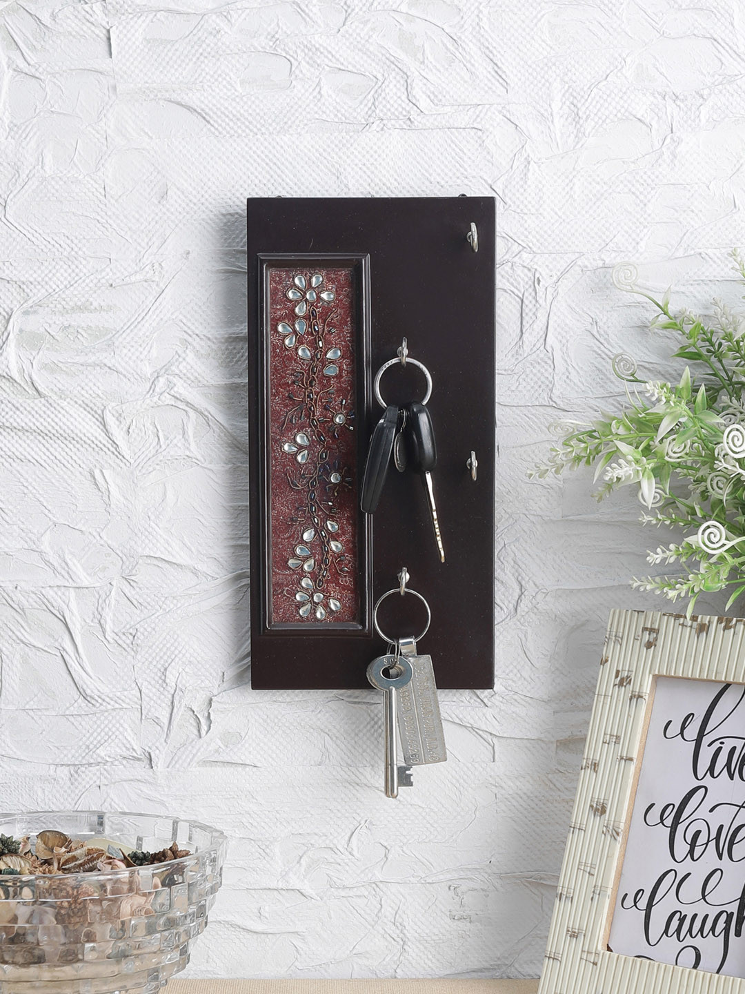 VarEesha Brown & Maroon Kundan Work Handmade Wall Mounting Wooden Key Holder