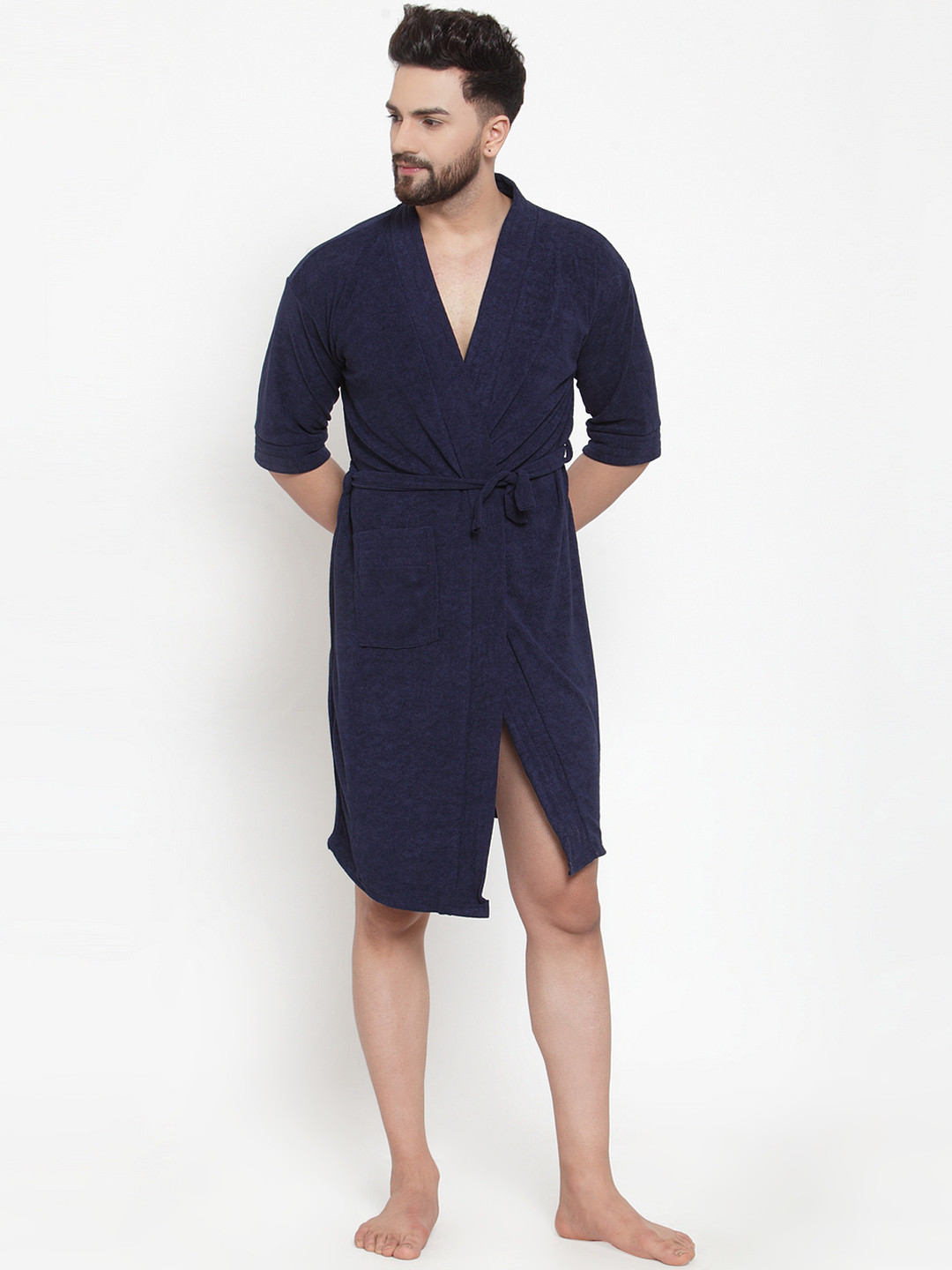 ELEVANTO Men Navy Blue Solid Bath Robe NAVY-M-F