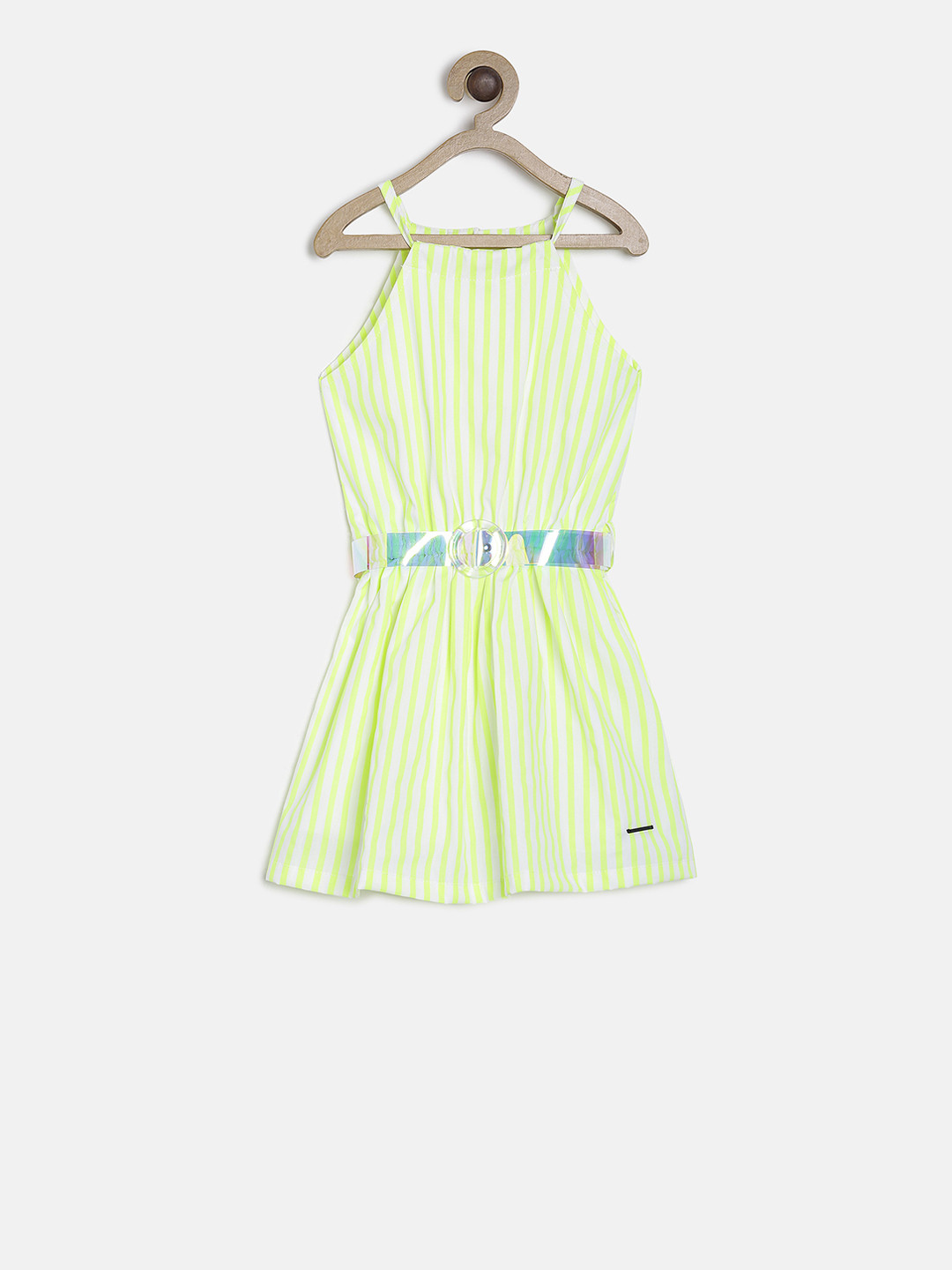 TALES & STORIES Girls Fluorescent Green Striped Fit and Flare Dress