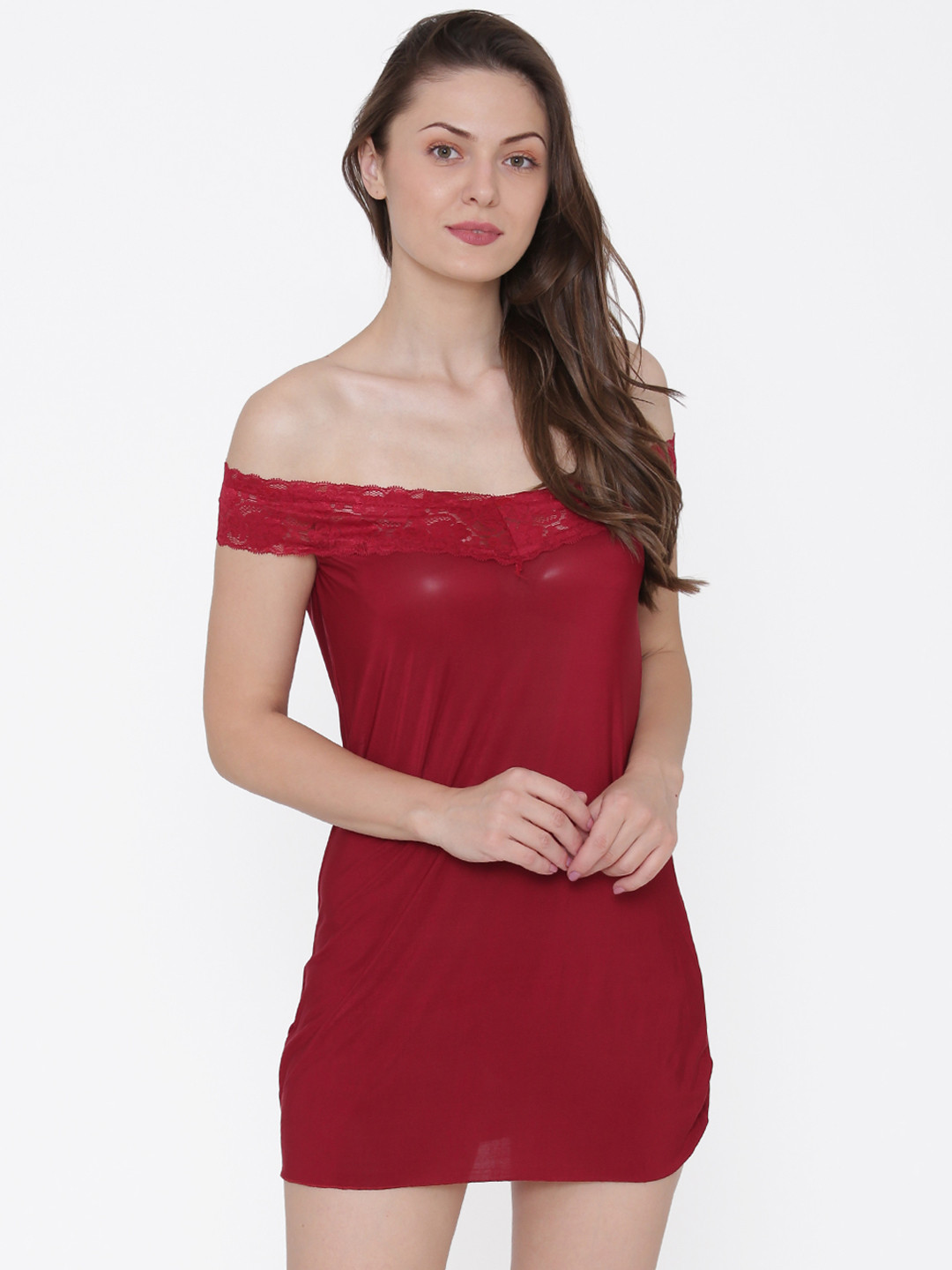 PHWOAR Maroon Self Design Baby Doll