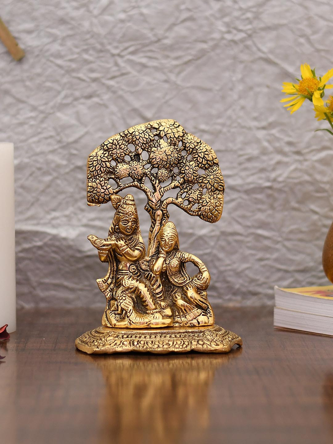CraftVatika Radha Krishna Gold Metal Metallic Prayer Room Small Showpiece - 7 Inches