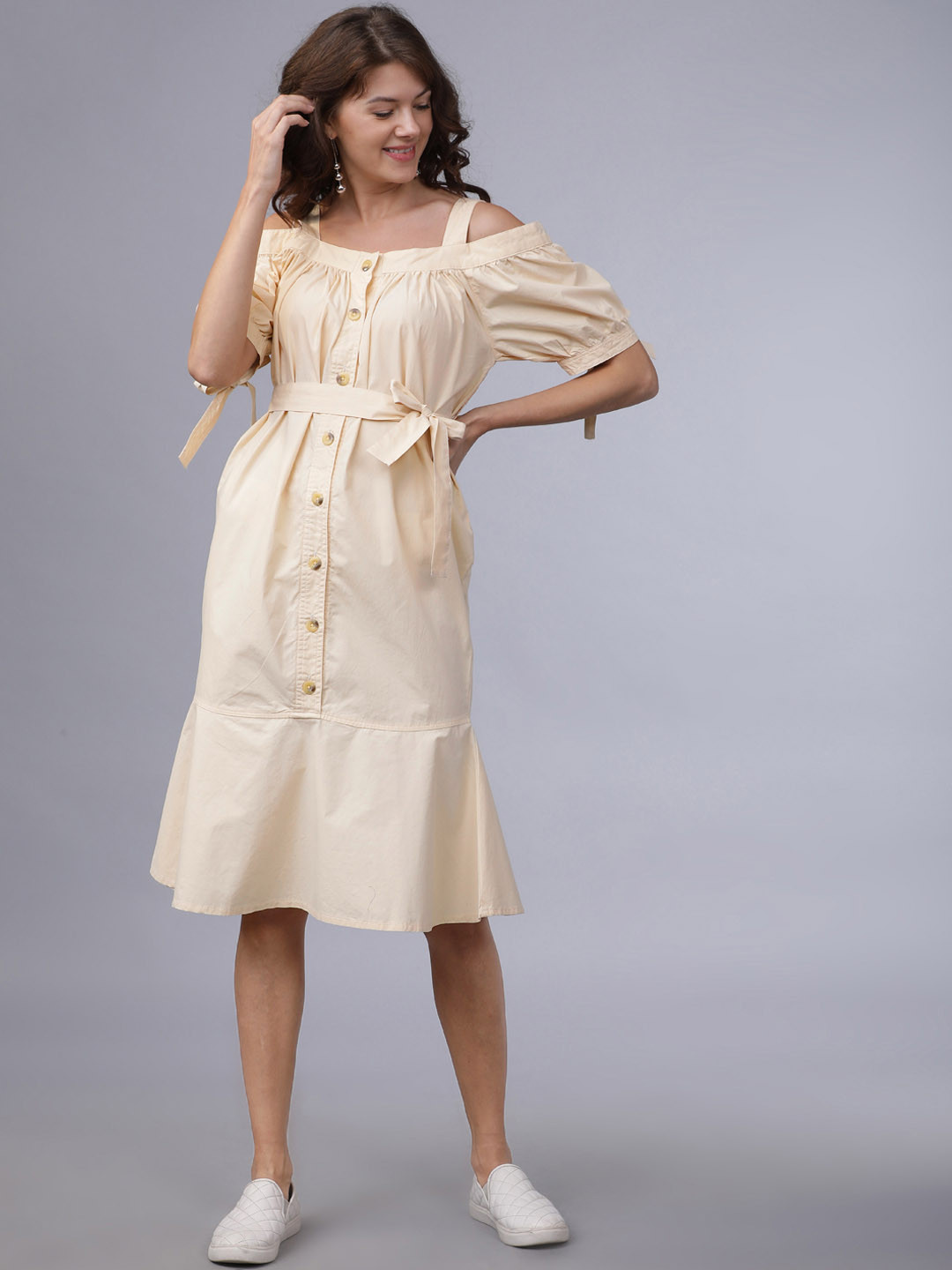 Tokyo Talkies Women Beige Solid Drop-Waist Dress