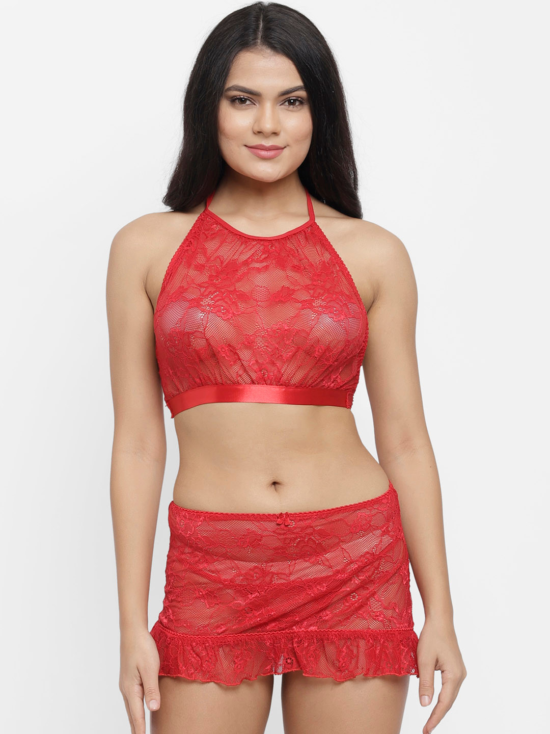 N-Gal Women Red Self-Design Lace Lingerie Set NR2004-Red