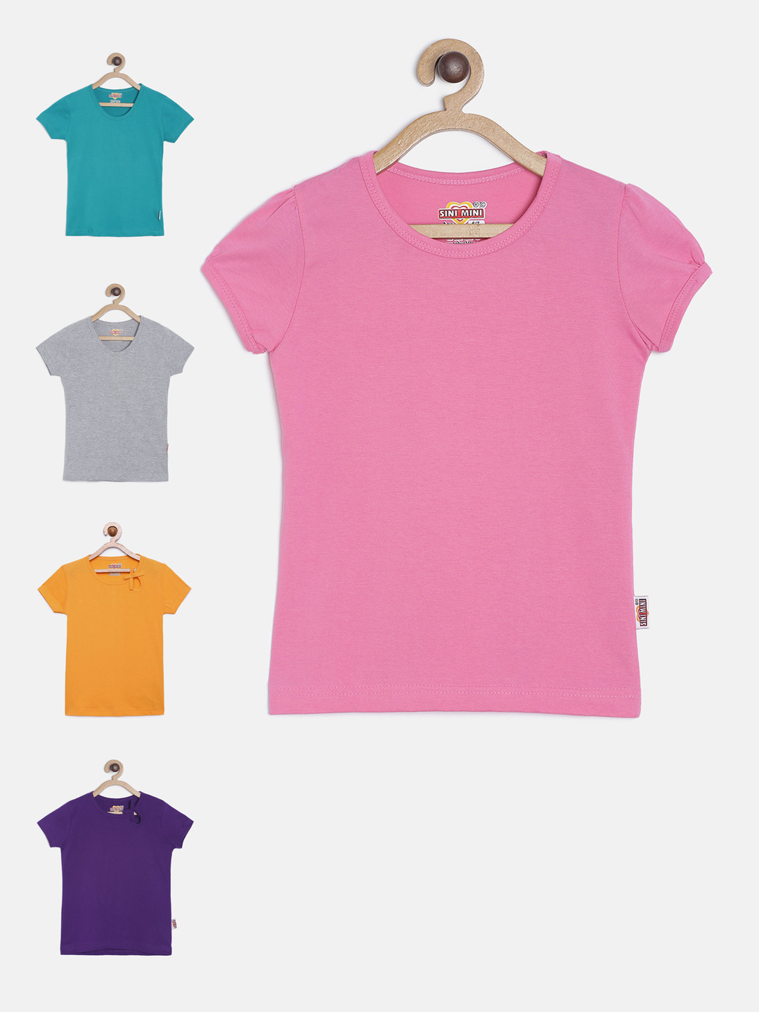 SINI MINI Girls Set Of 5 Solid Round Neck T-shirt