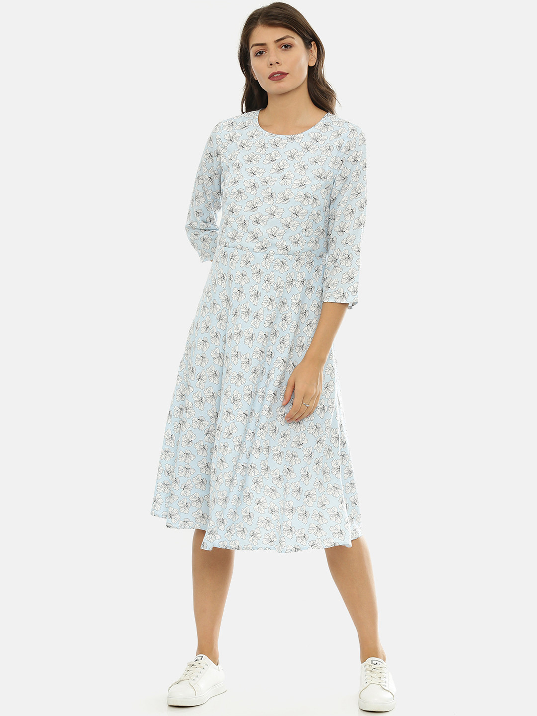IDK Women Blue & White Printed Fit and Flare Dress