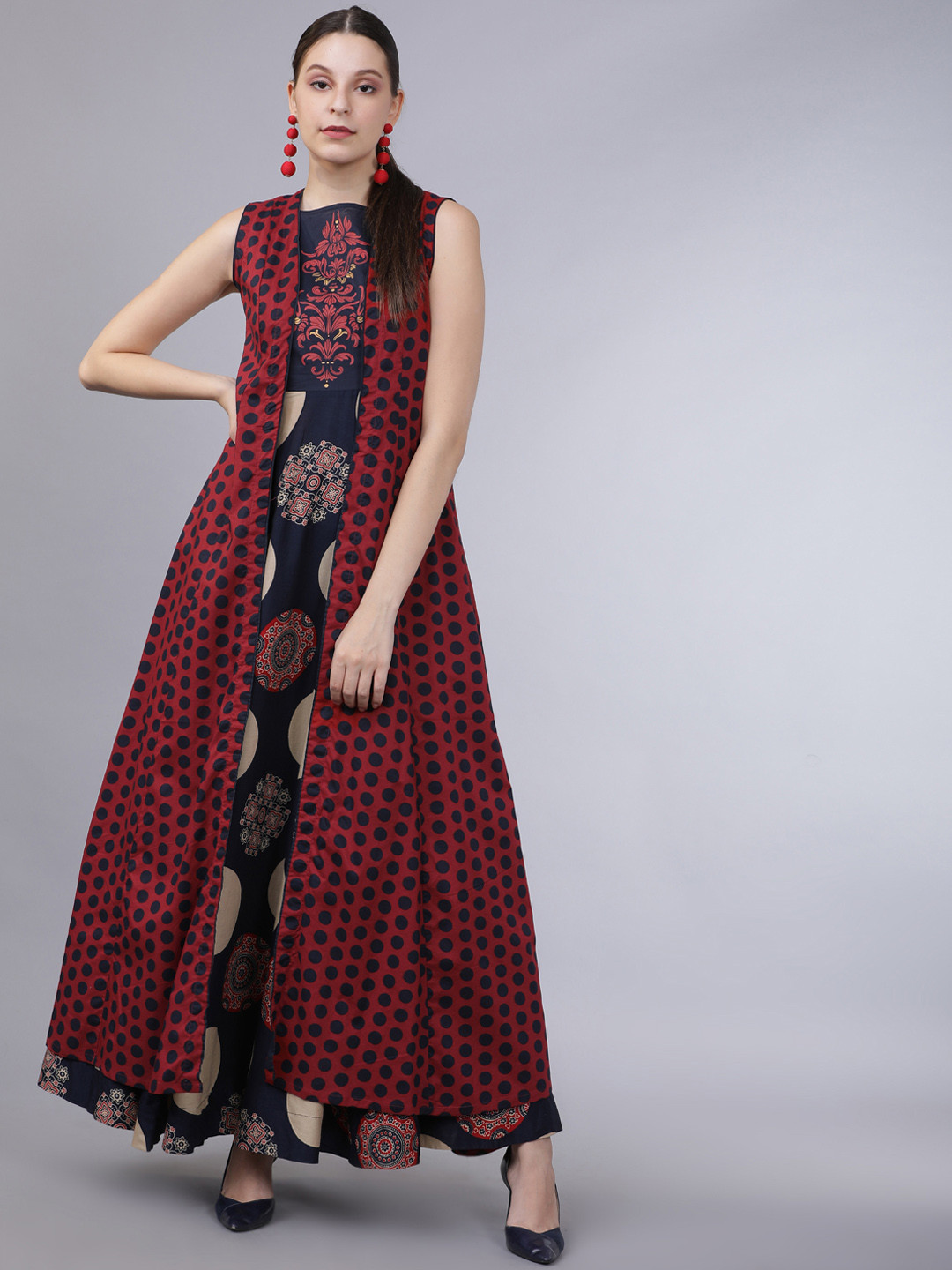 Vishudh Women Maroon & Navy Blue Printed A-Line Kurta With Jacket