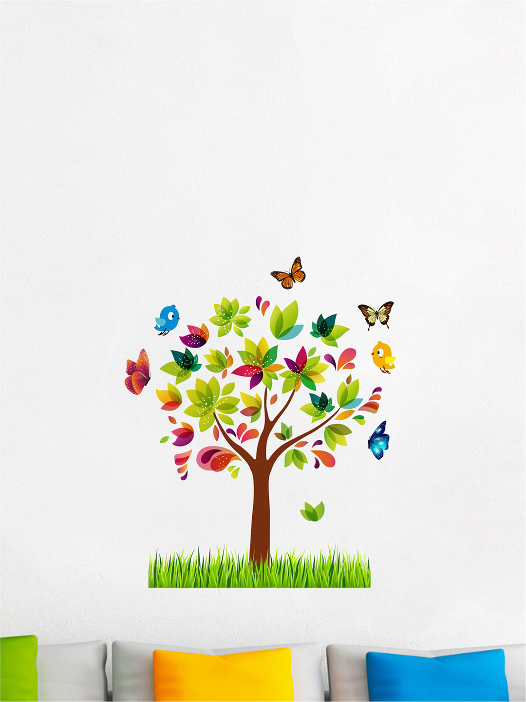 rawpockets Green & Brown Colorful Tree with Birds and Butterfly PVC Vinyl Wall Stickers