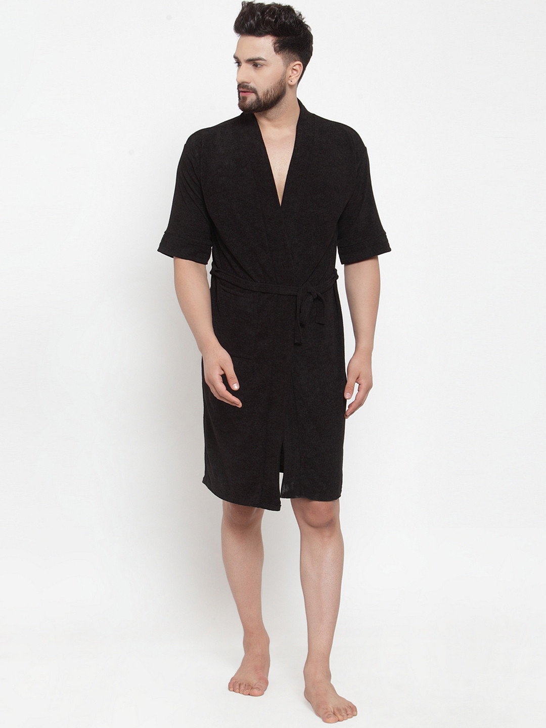 ELEVANTO Black Solid Terrycloth Drawstring Knee Length Bath Robe