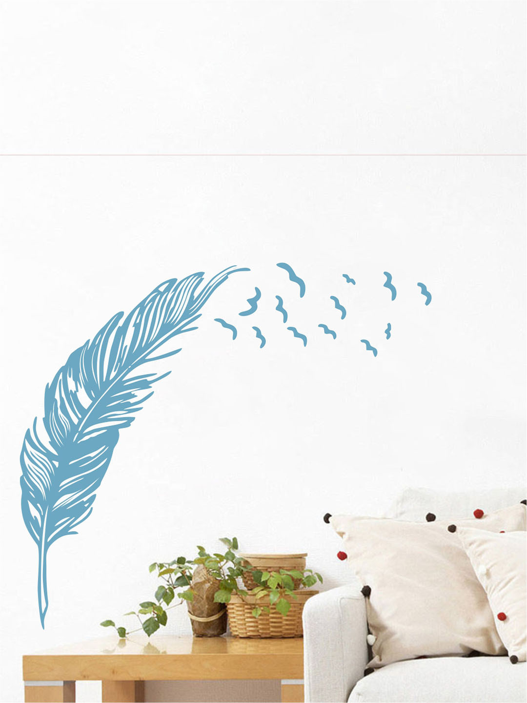rawpockets Blue Feather With Birds PVC Vinyl Wall Stickers