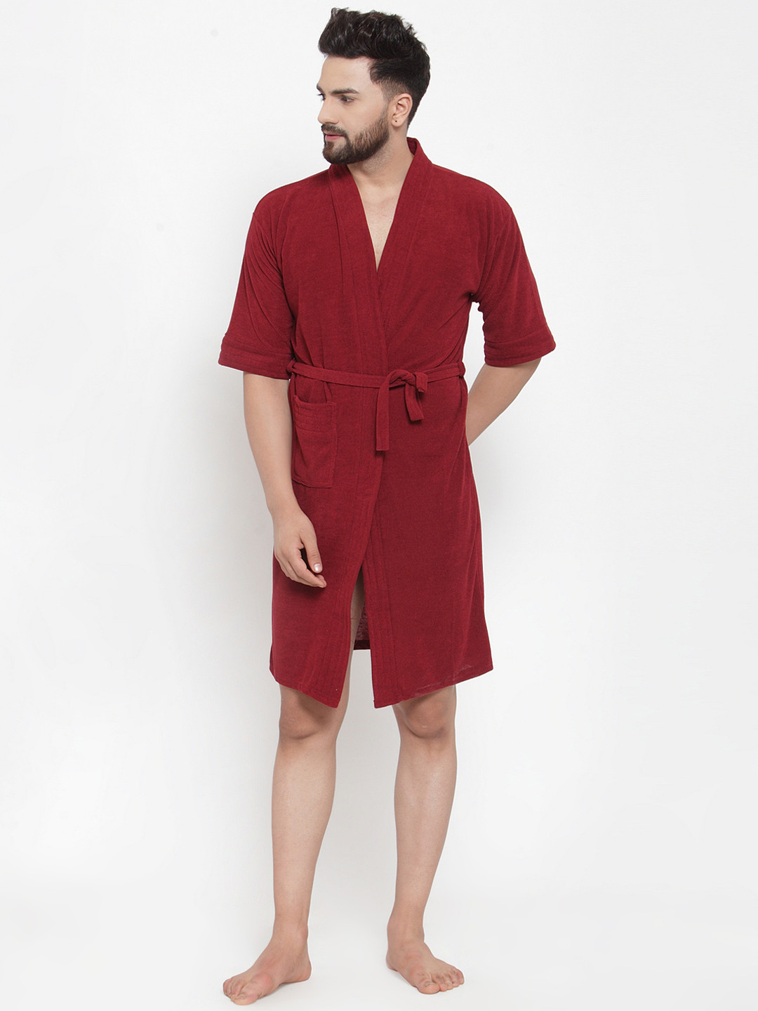 ELEVANTO Maroon Solid Terrycloth Drawstring Knee Length Bath Robe