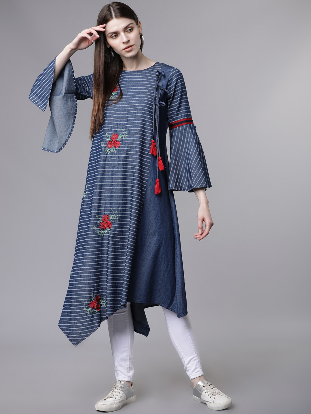 Vishudh Women Blue & Red Striped A-Line Kurta