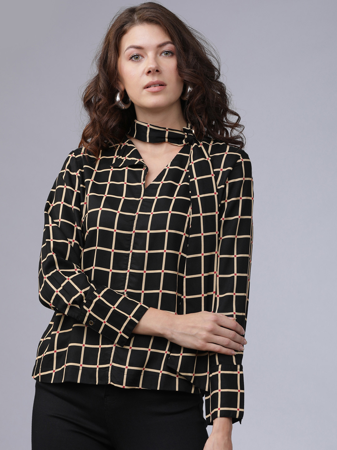 Tokyo Talkies Women Black & Beige Checked Top
