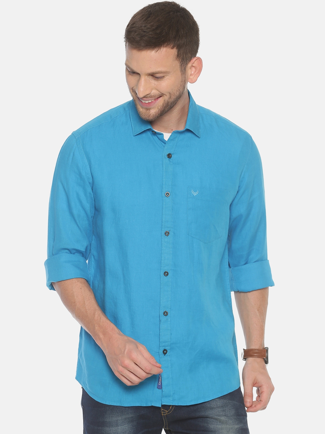 Linen Club Men Blue Solid Regular Fit Linen Casual Shirt