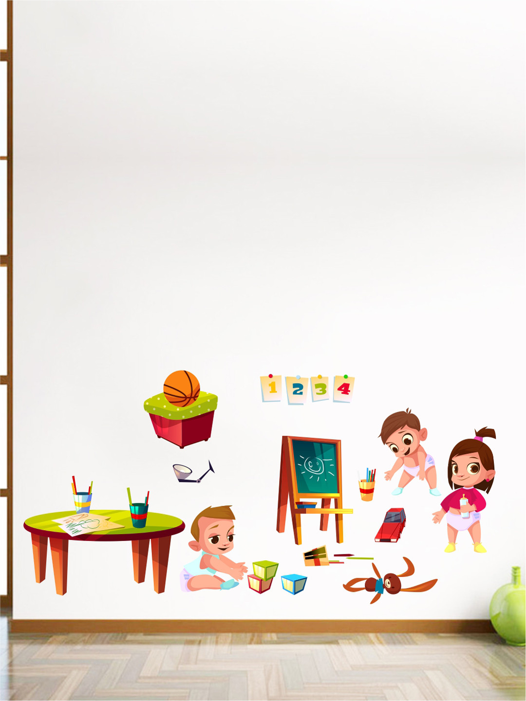 rawpockets Green & Beige Kids Playing PVC Vinyl Wall Stickers