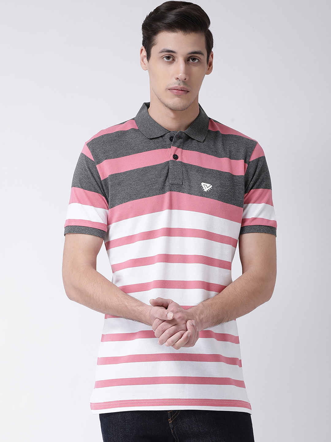Club York Men White & Pink Striped Polo Collar T-shirt