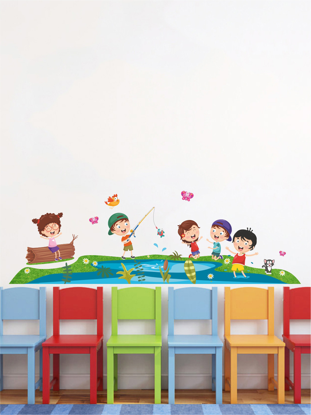 rawpockets Multicoloured Kids Play Around the Lake PVC Vinyl Wall Stickers