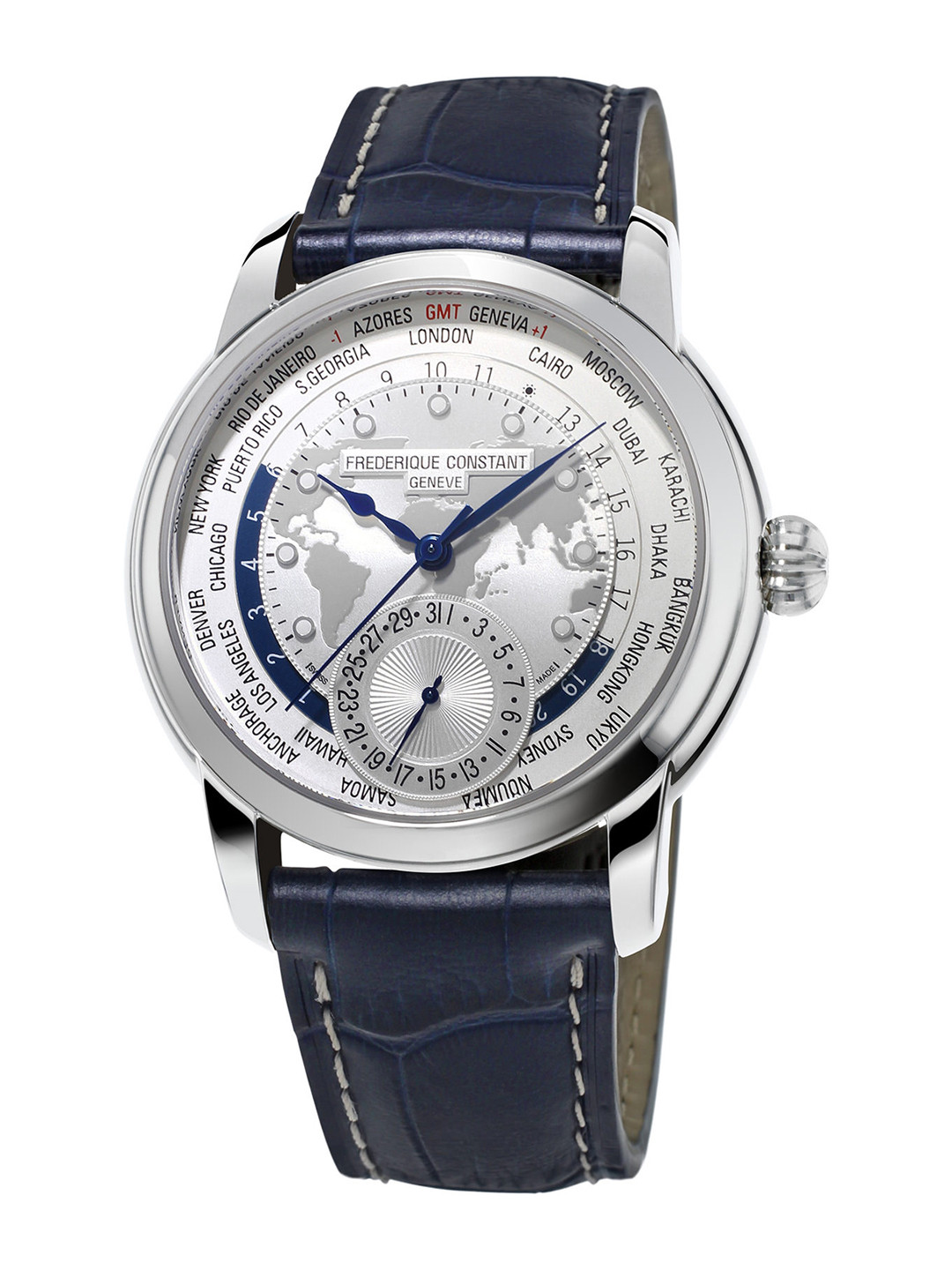 Frederique Constant Men Silver-Toned & Navy Blue Worldtimer Analogue Watch FC-718WM4H6