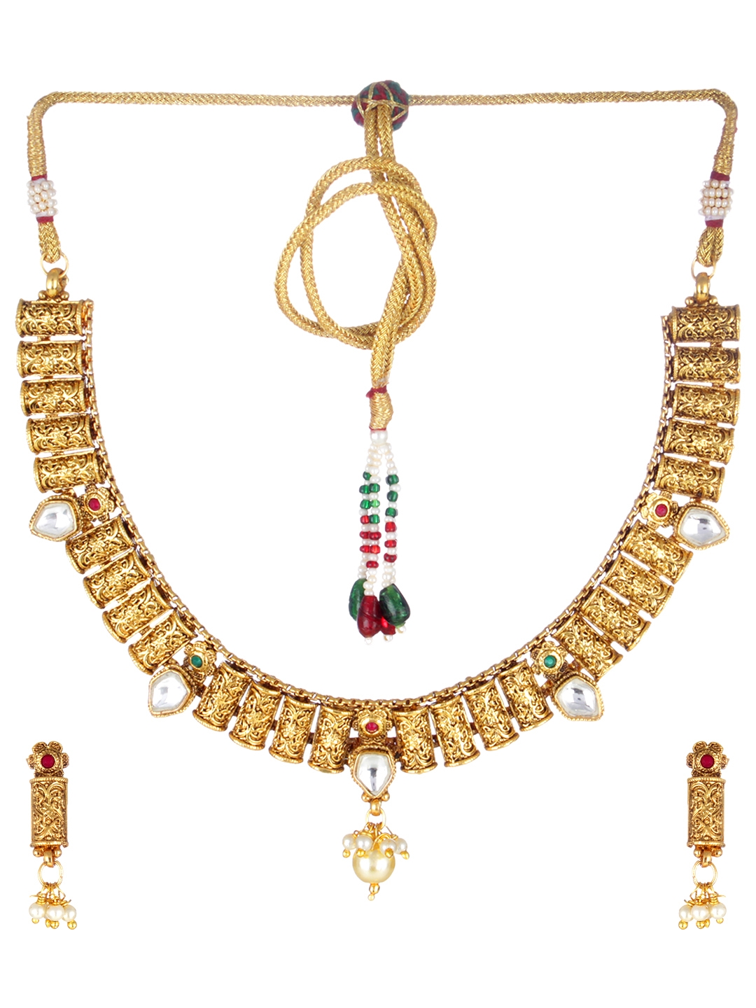 Adwitiya Collection Women Gold Plated Copper Antique Necklace with Earrings