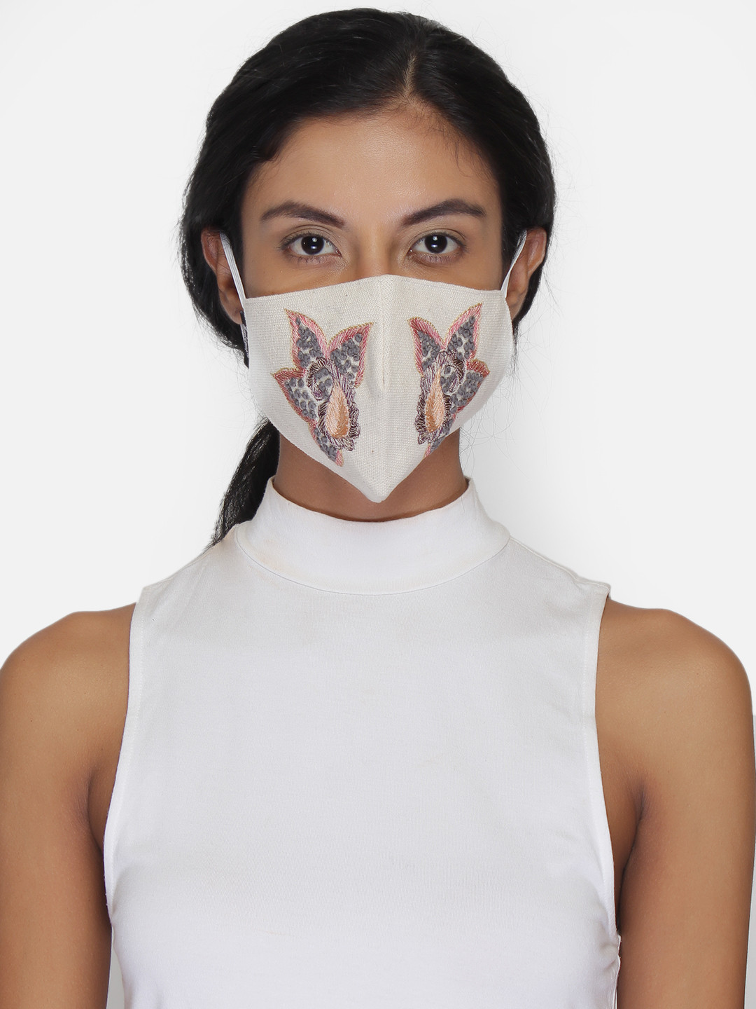 Anekaant Women White Paisley Embroidered Reusable 3-Ply Cloth Mask