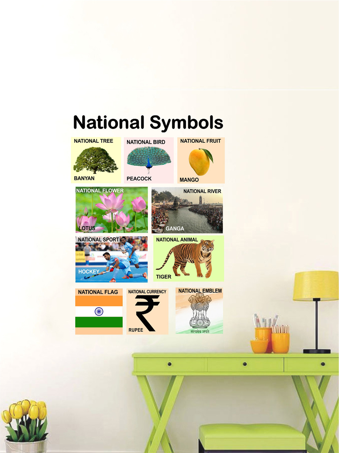 rawpockets Multicoloured National Symbols of India Printed PVC Vinyl Wall Sticker