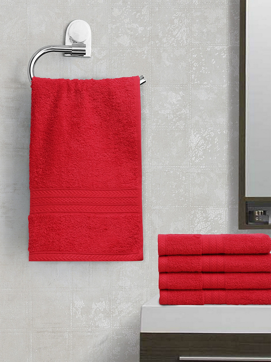 Buy BOMBAY DYEING Unisex Set Of 5 Red Solid Tulip 450 GSM Hand